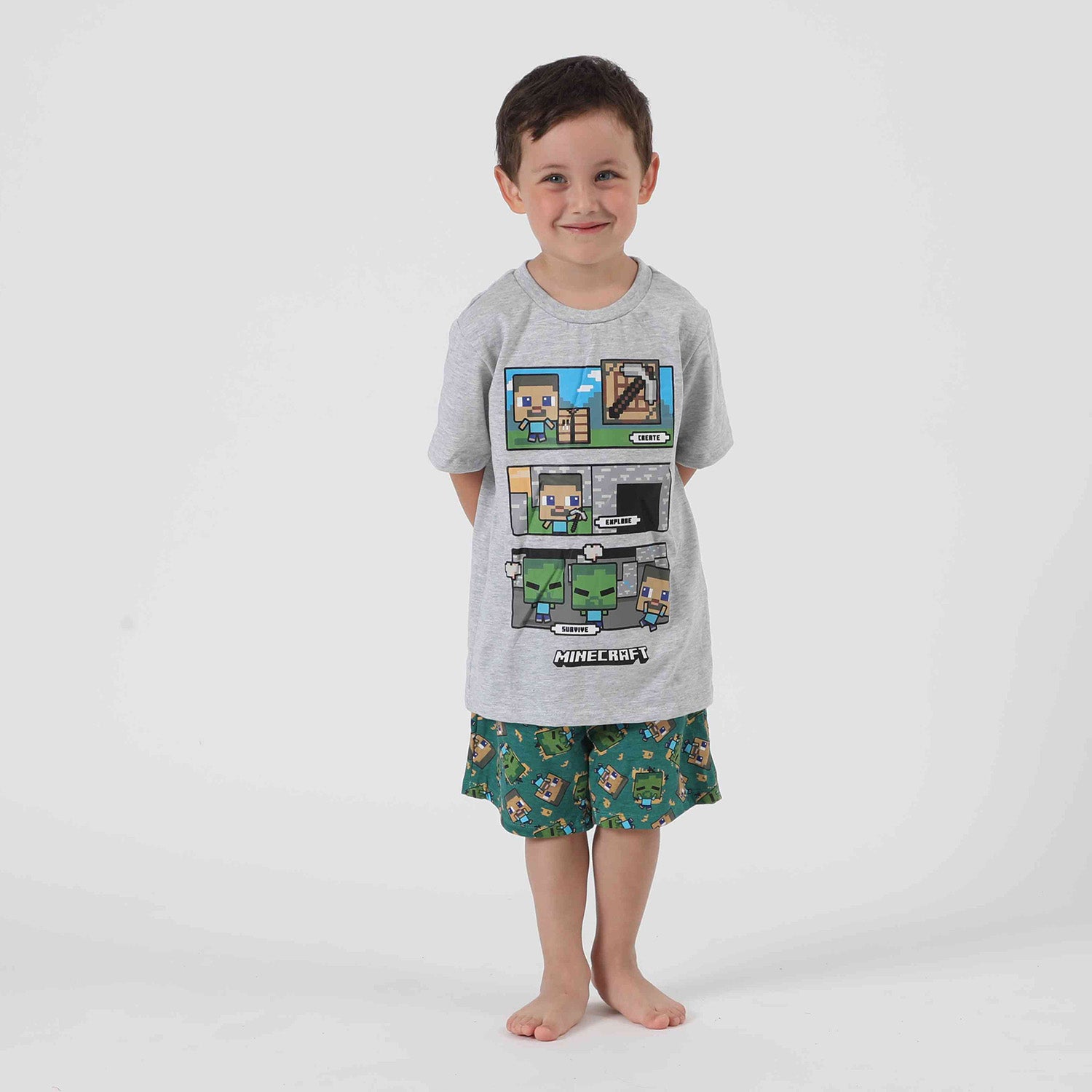 Pijama Corto Niño Creeper y Steve Gris Minecraft
