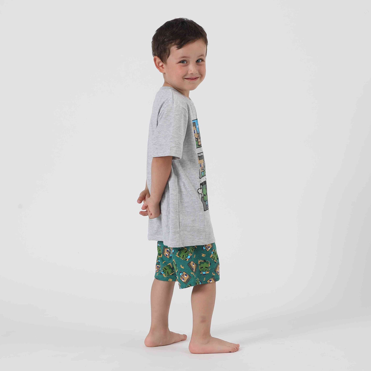 Pijama Corto Niño Creeper y Steve Gris Minecraft