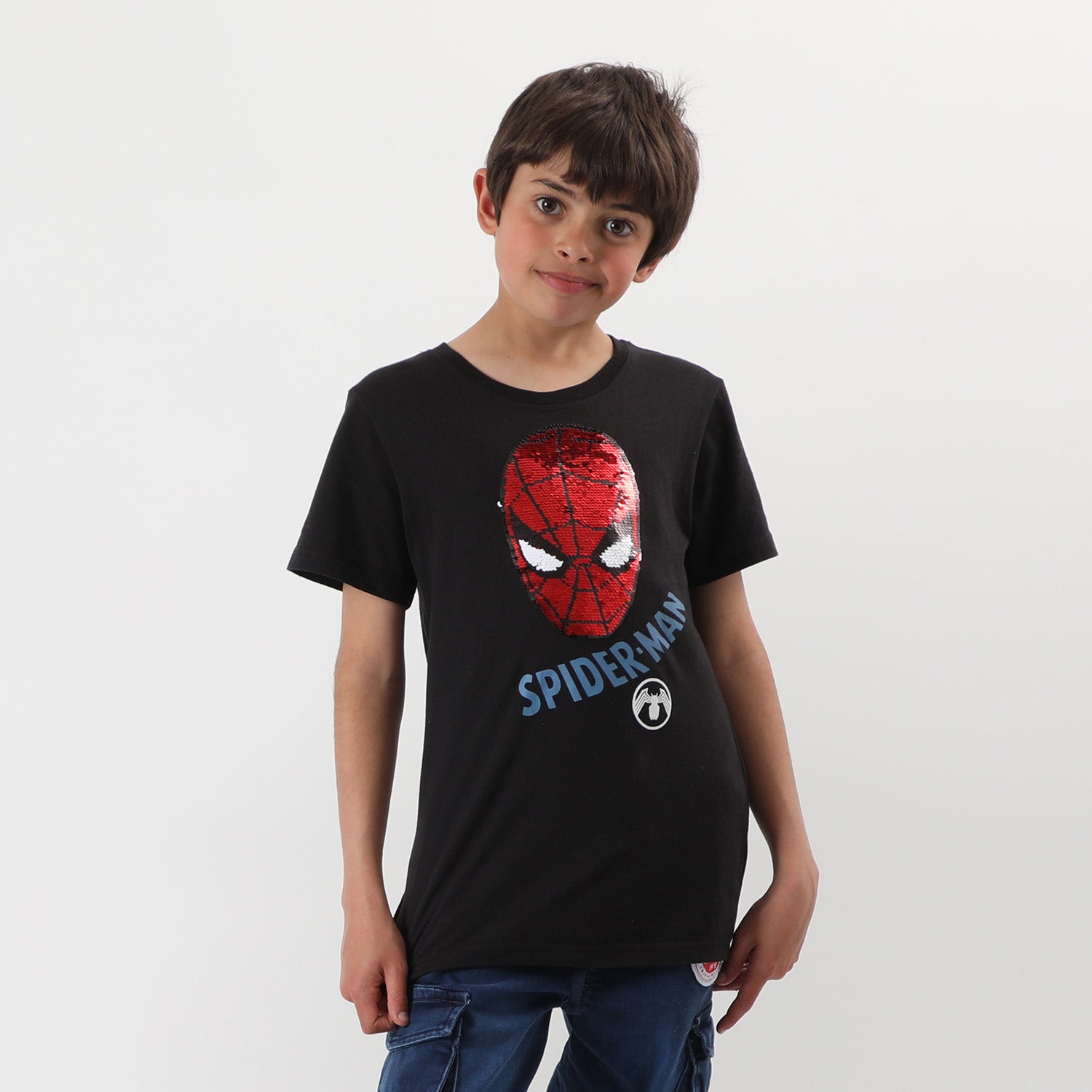 Polera Manga Corta Niño Lentejuelas Spiderman Negro Marvel