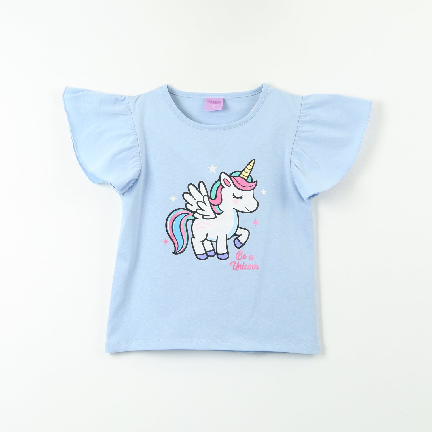 Polera Manga Corta Niña Vuelos Celeste Unicornio