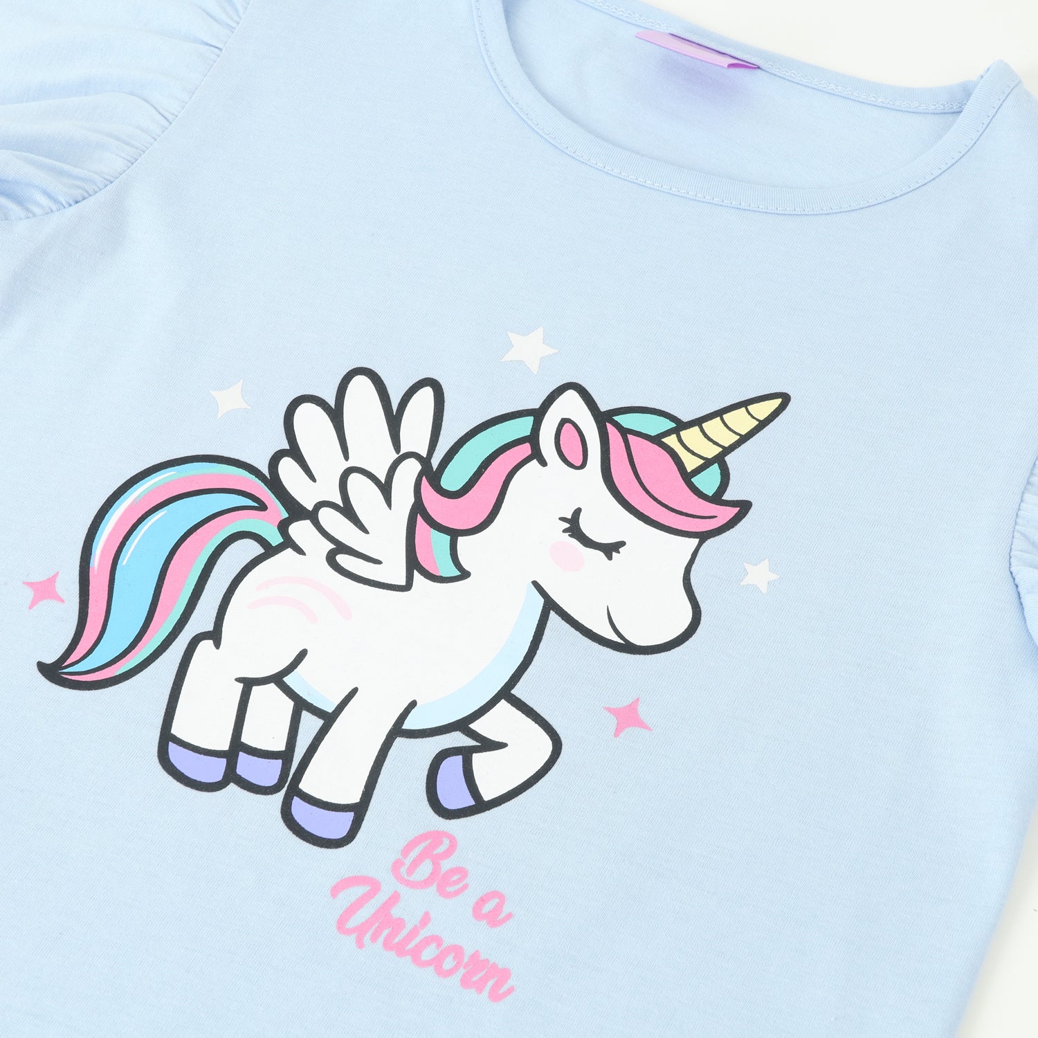 Polera Manga Corta Niña Vuelos Celeste Unicornio