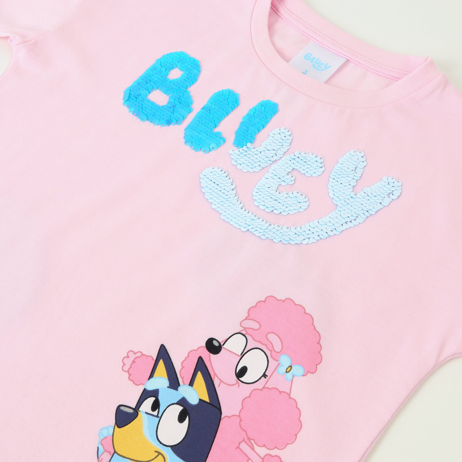 Polera Manga Corta Niña Lentejuelas Reversible Rosado Bluey