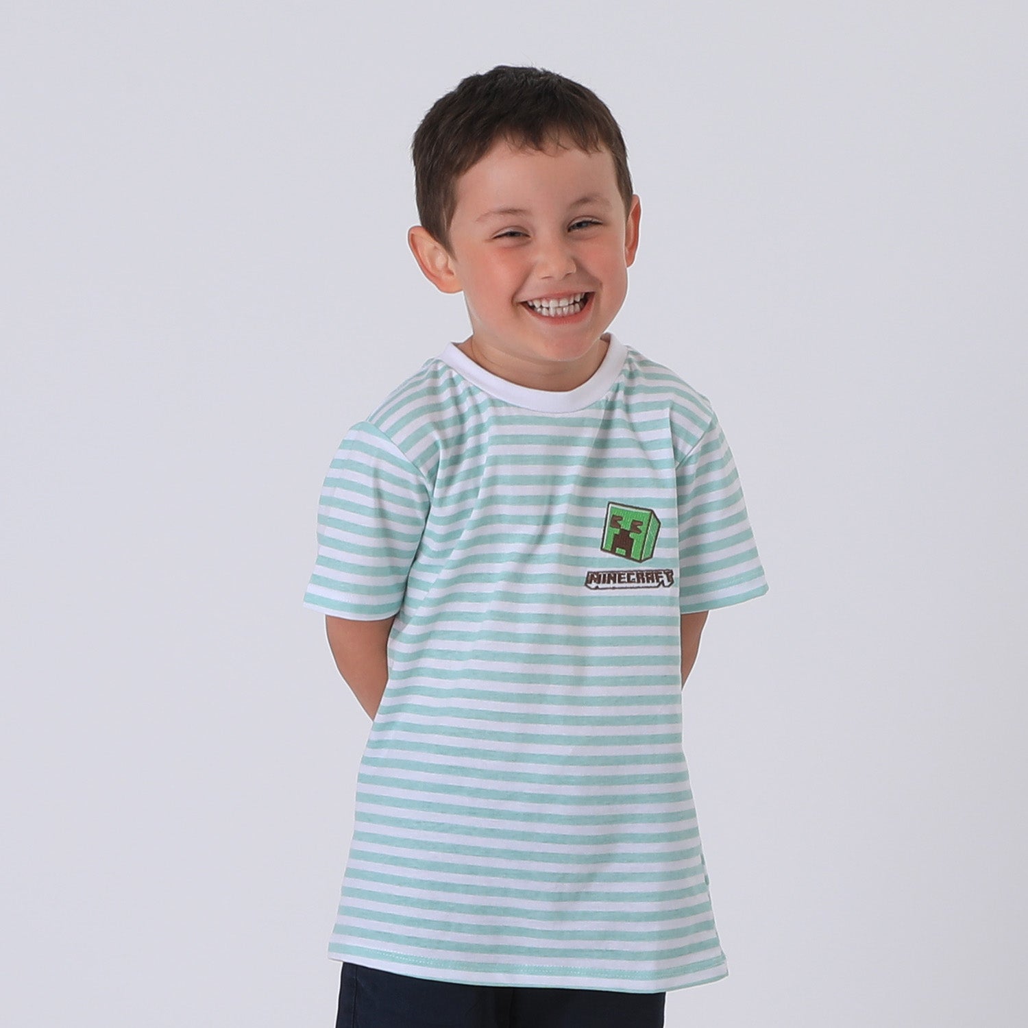 Polera Manga Corta Niño Verde Rayas Creeper Minecraft