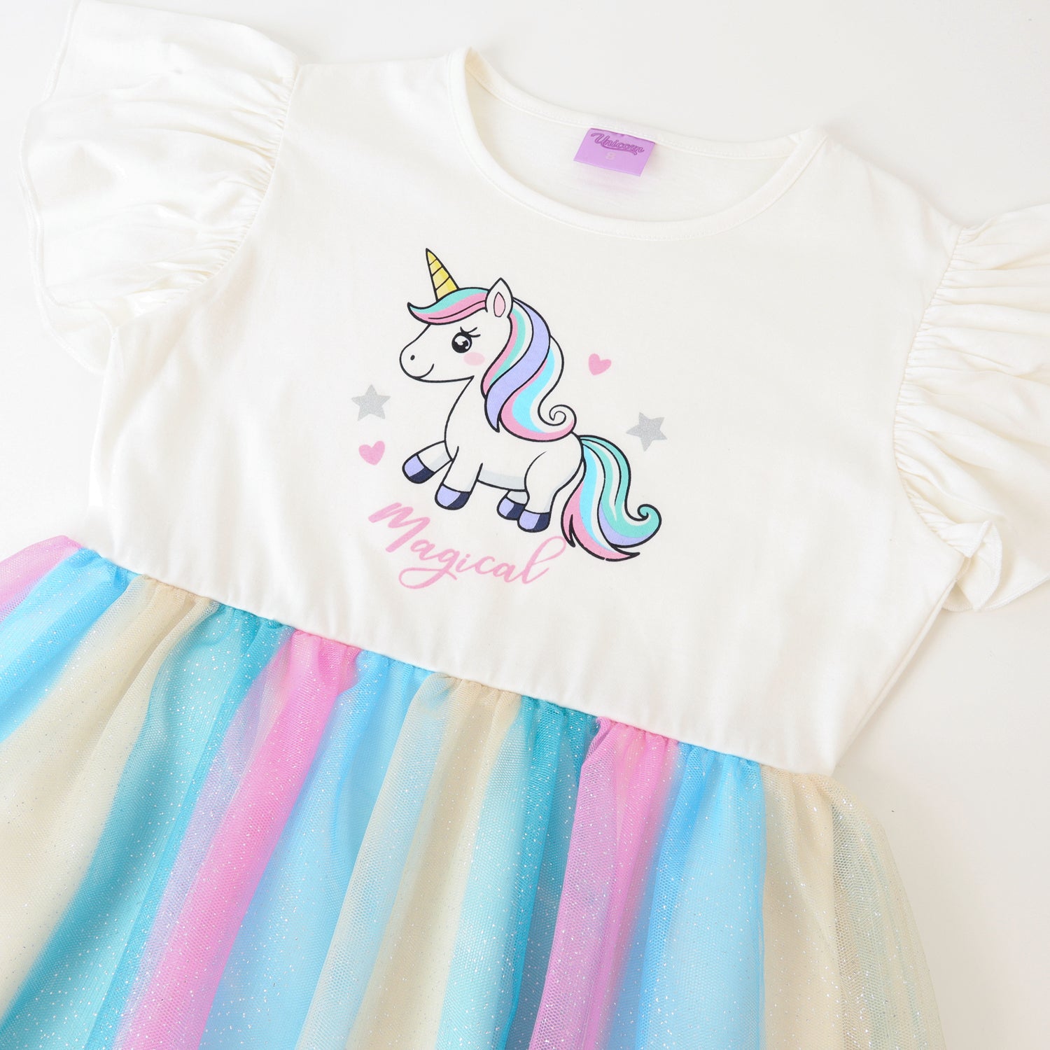 Vestido Niña Tull Arcoiris Blanco Unicornio