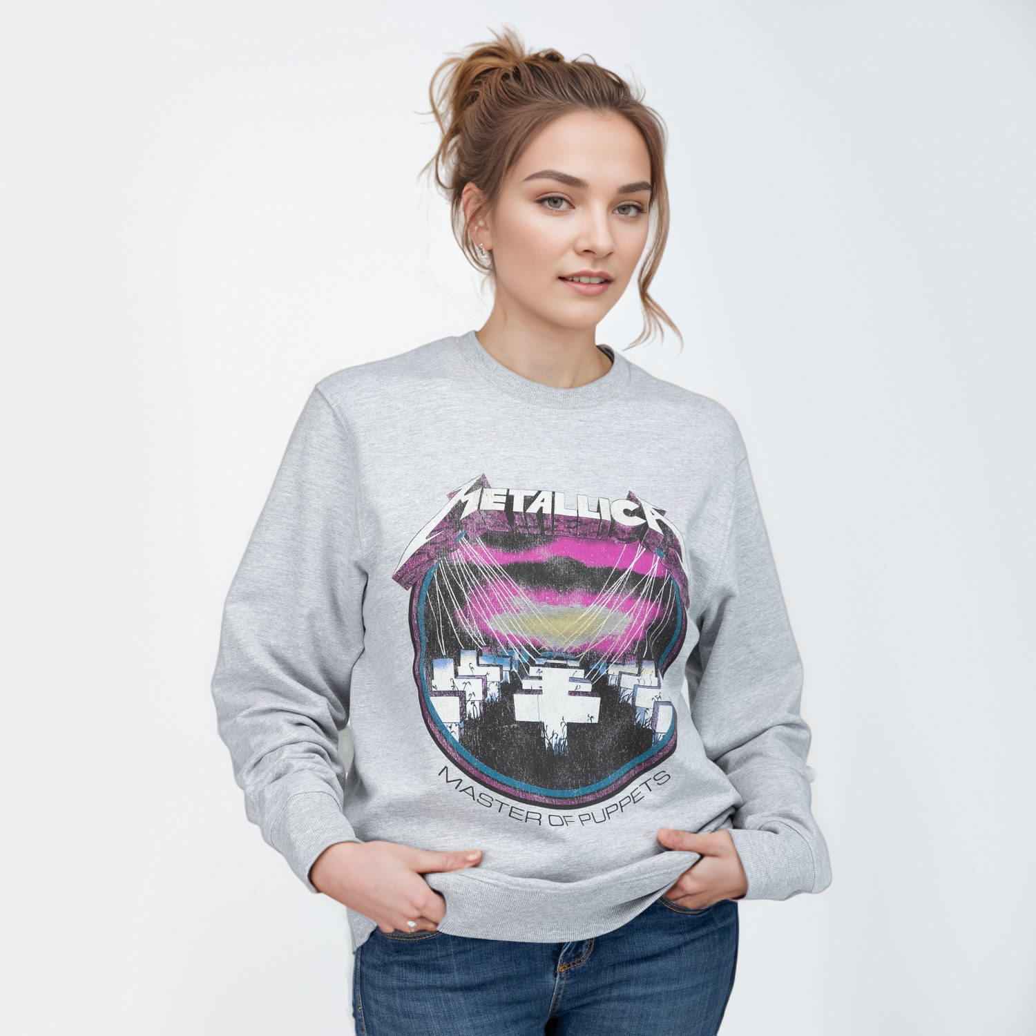 Poleron Mujer Metallica Cruces Gris Metallica