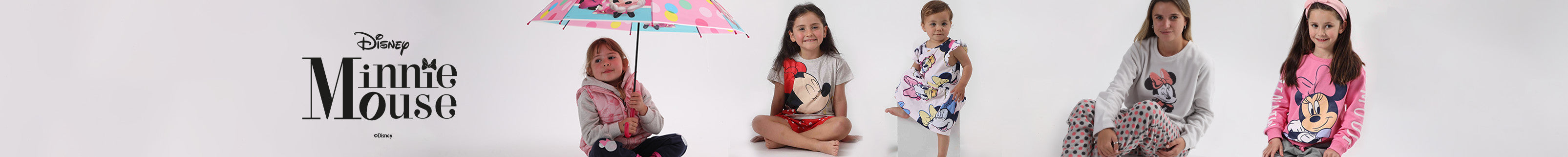 Banner con logo de minnie y fotos de niñas y mujer vestidas con prendas de minnie como pijamas, poleras, polerones, paraguas, vestidos.