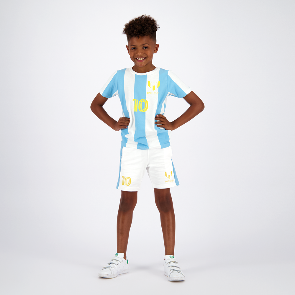 Polera Manga Corta Niño Argentina Blanco Con Amarillo Messi