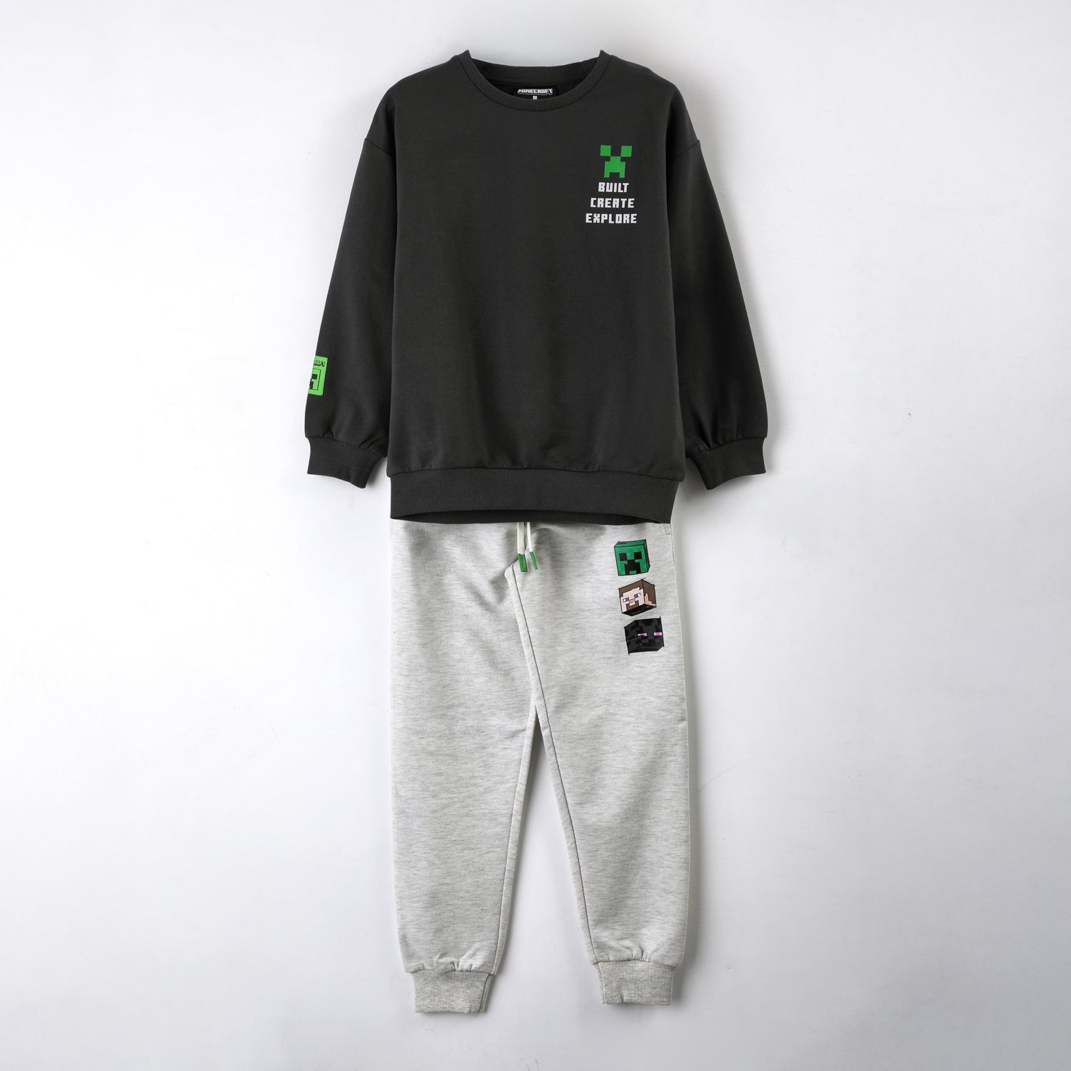 Conjunto Buzo Niño Built Create Explore Gris Minecraft