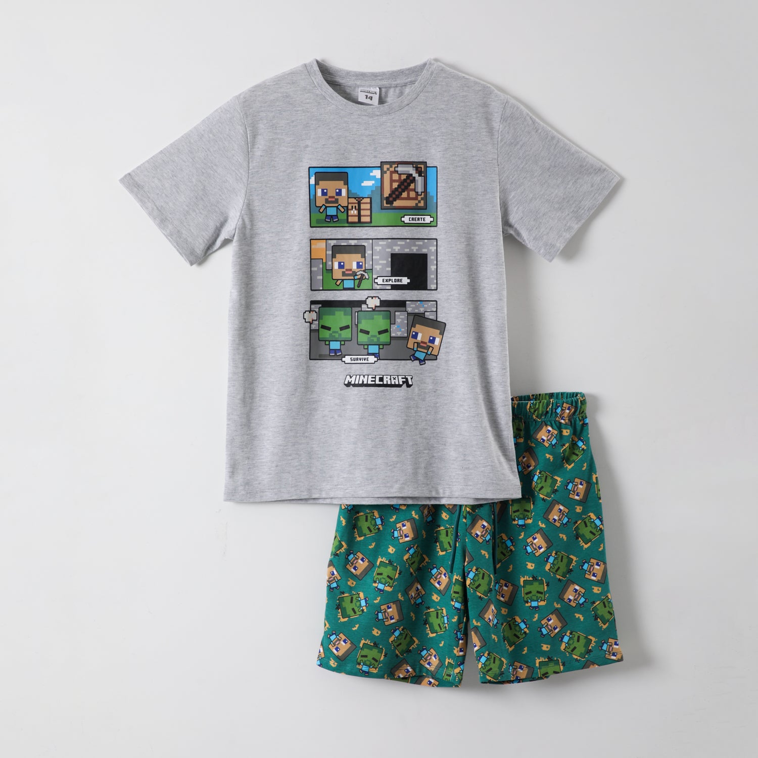 Pijama Corto Niño Creeper y Steve Gris Minecraft