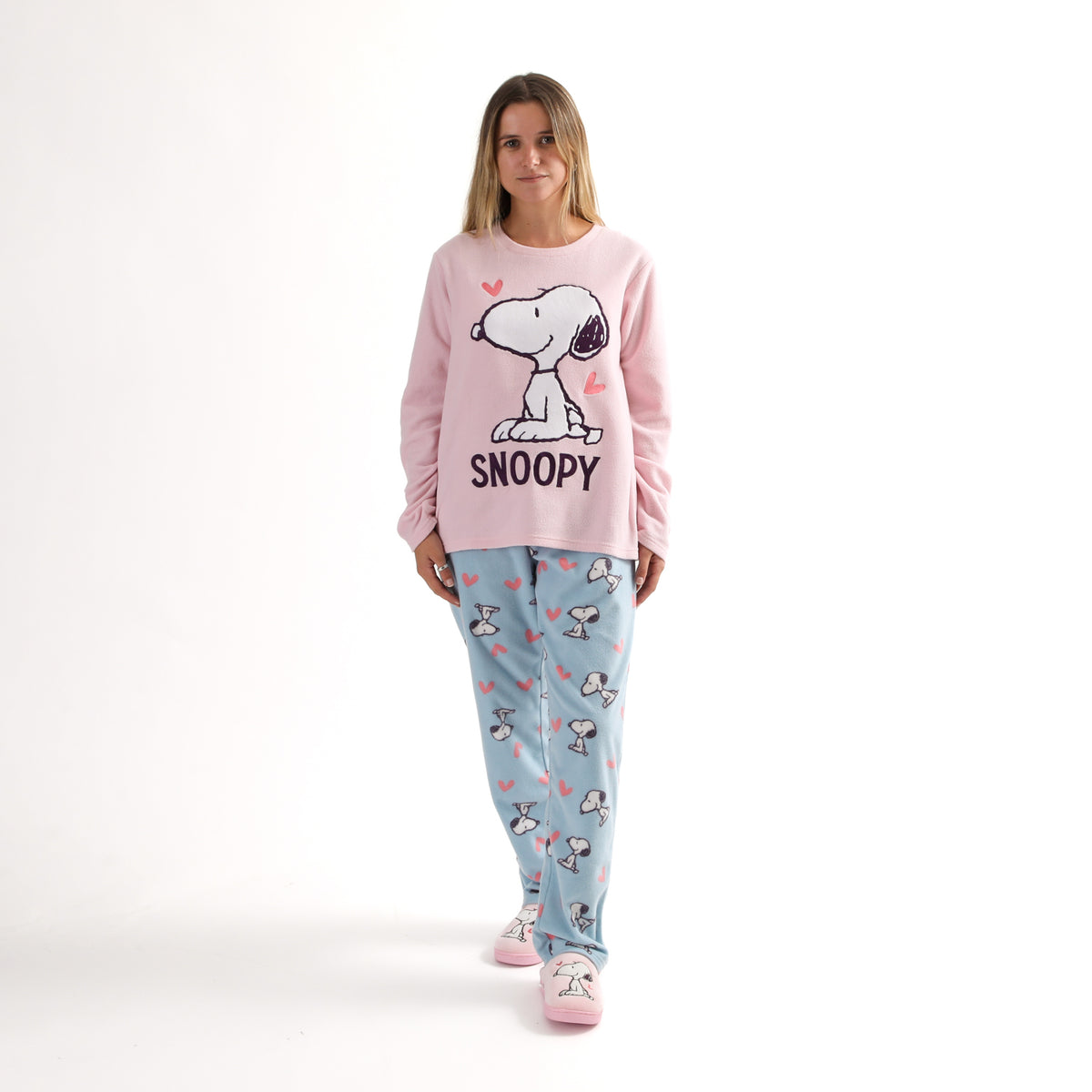 Pijama Polar Mujer Corazones Rosado Snoopy