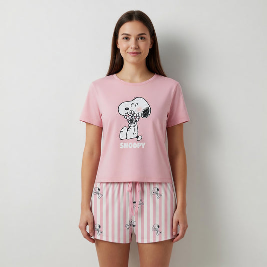 Pijama Corto Mujer Snoopy Flores Rosado - Pijamas Chile | The Brands Club cl