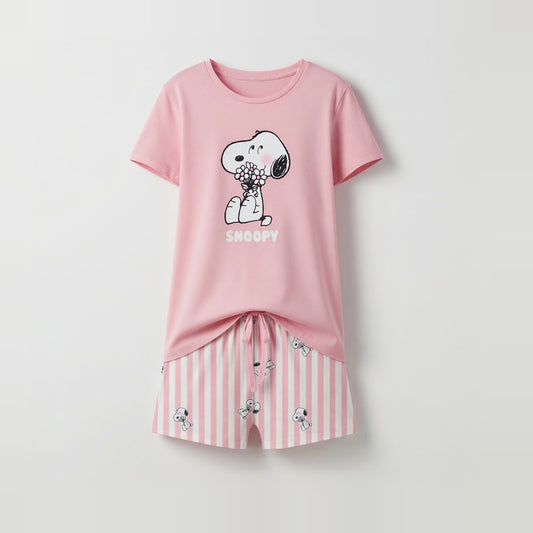 Pijama Corto Mujer Snoopy Flores Rosado - Pijamas Chile | The Brands Club cl
