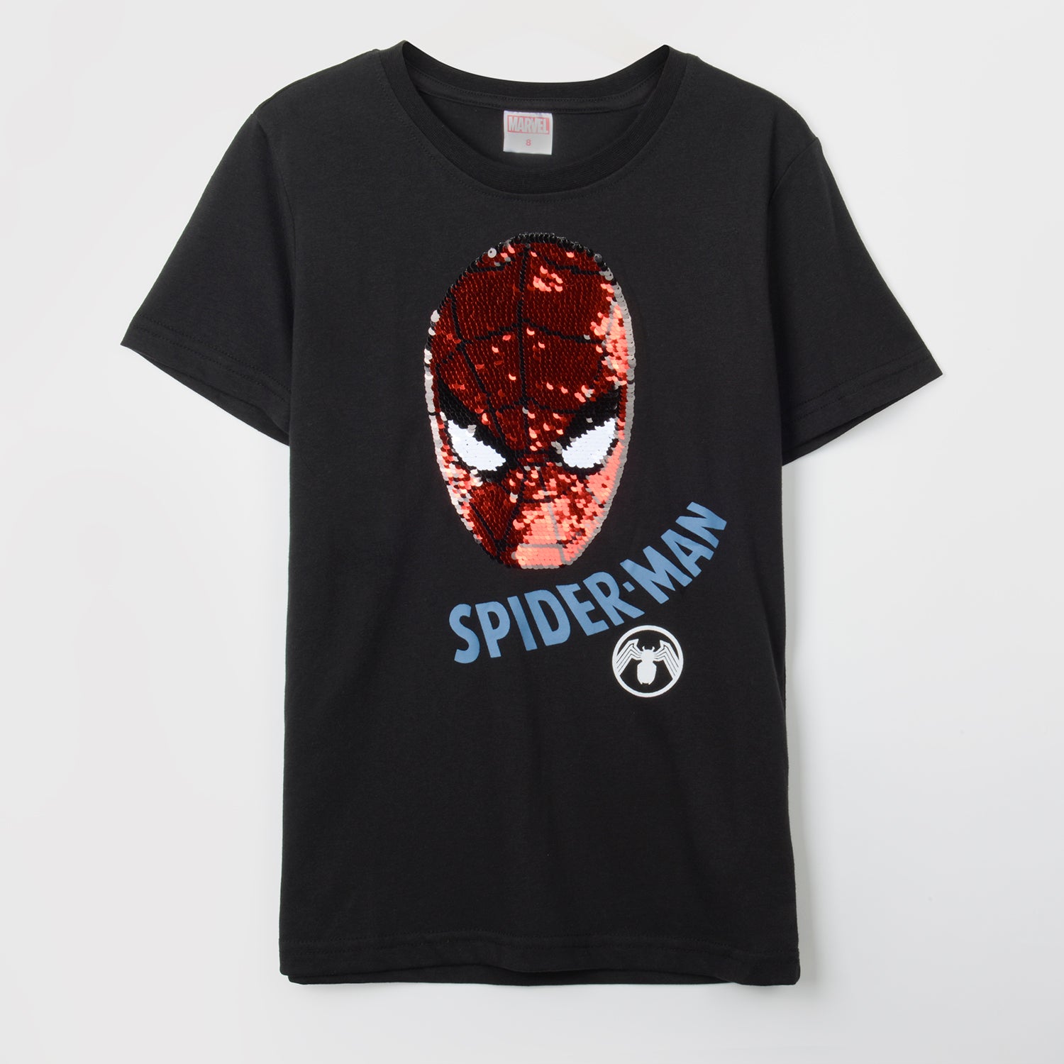Polera Manga Corta Niño Lentejuelas Spiderman Negro Marvel