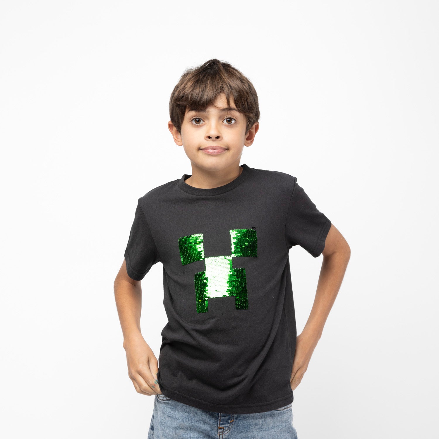 Polera Manga Corta Niño Lentejuelas Negro Minecraft