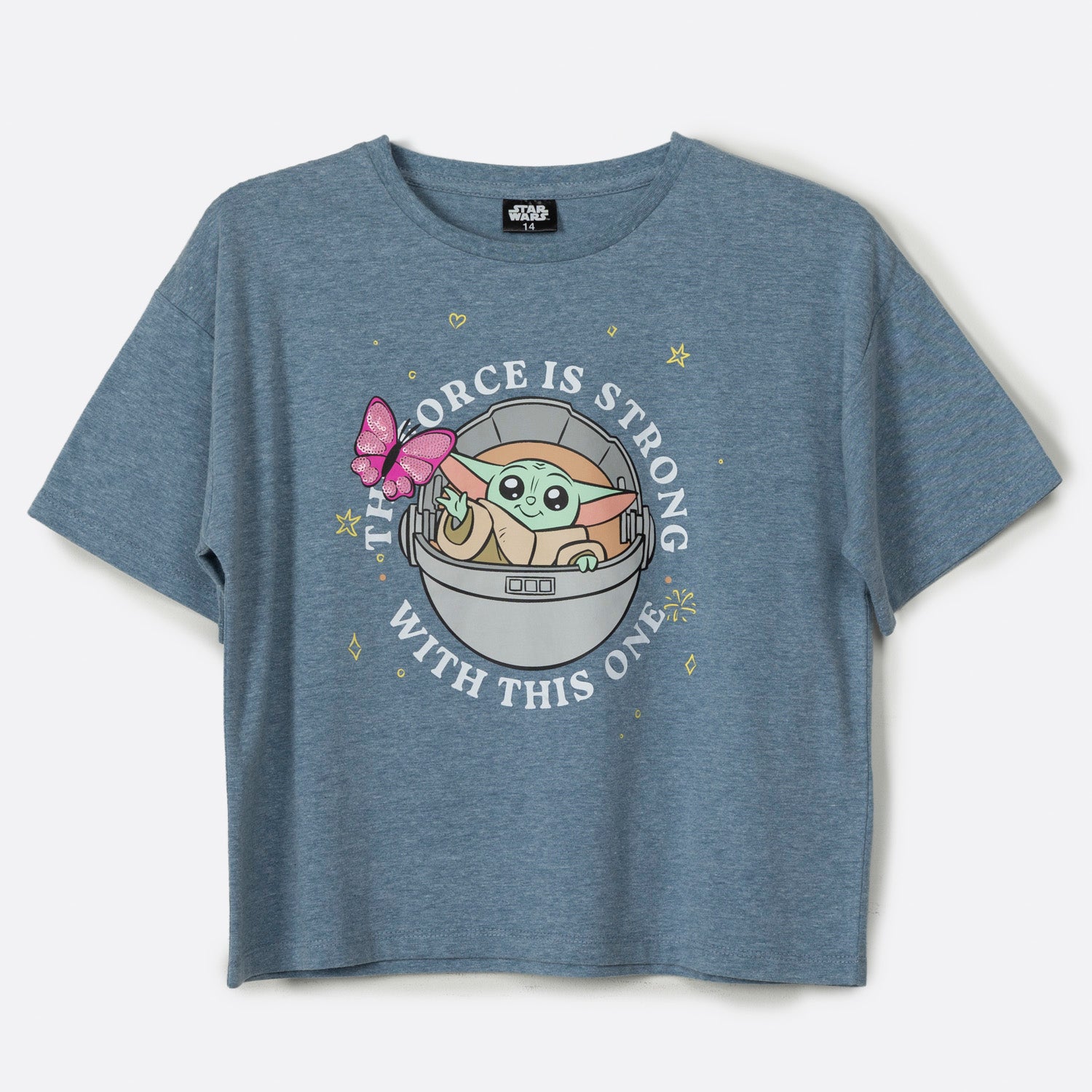 Polera Manga Corta Niña Baby Yoda Azul Star Wars