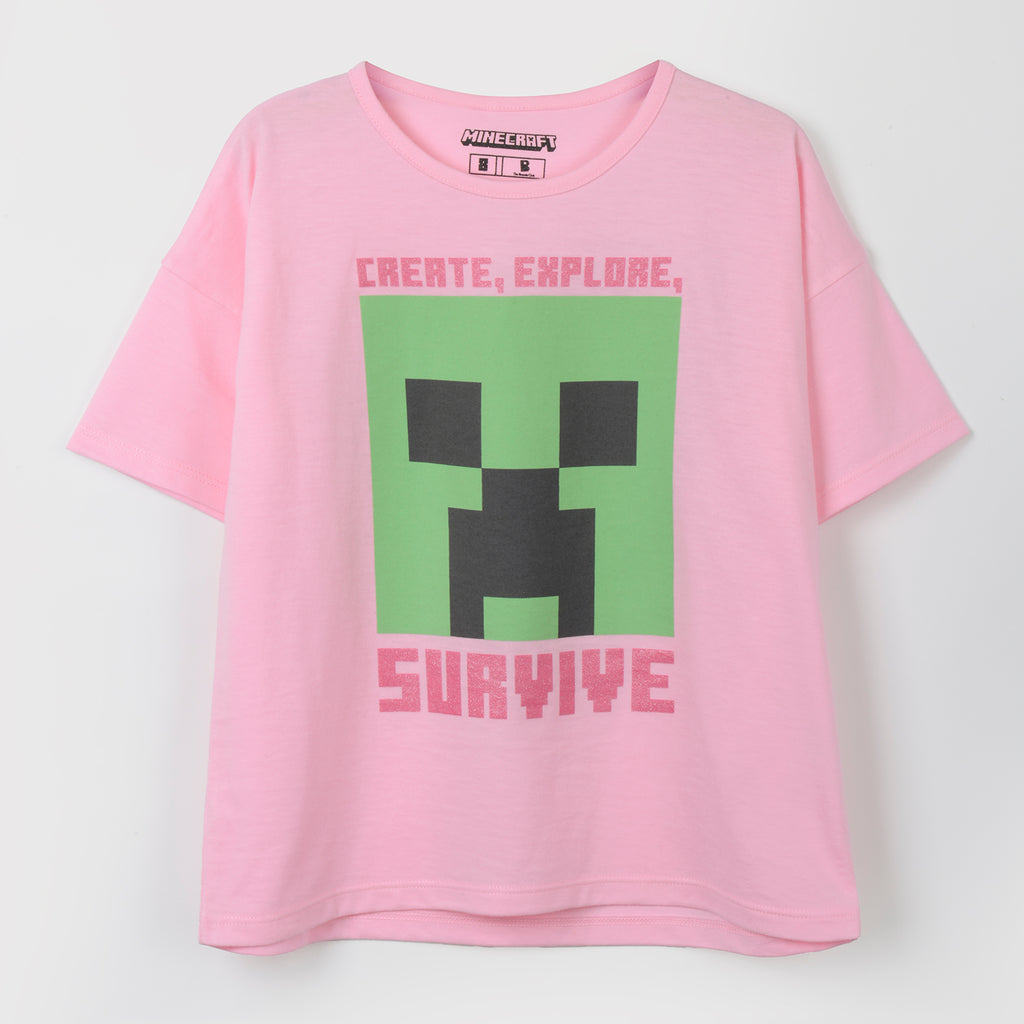 Polera Manga Corta Niña Creeper Rosado Minecraft