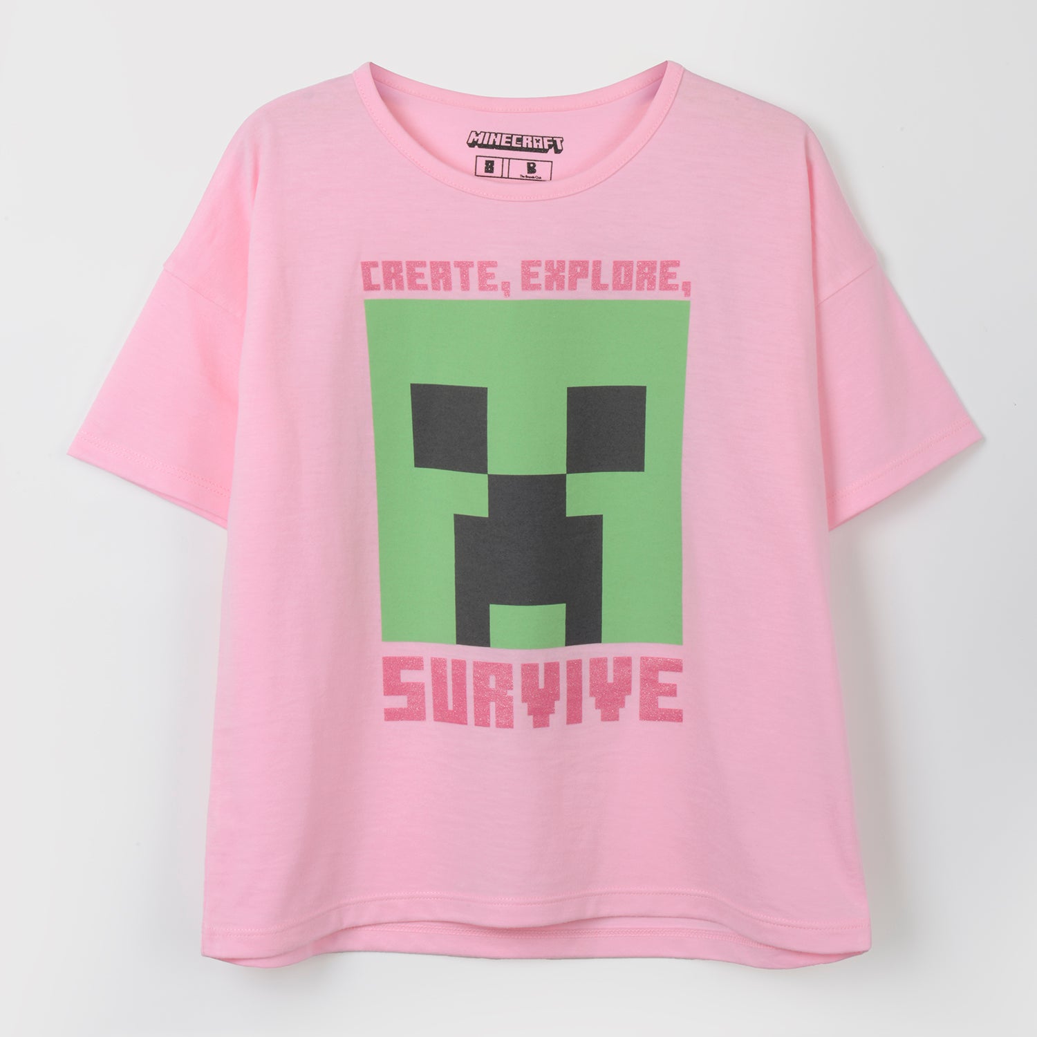 Polera Manga Corta Niña Creeper Rosado Minecraft