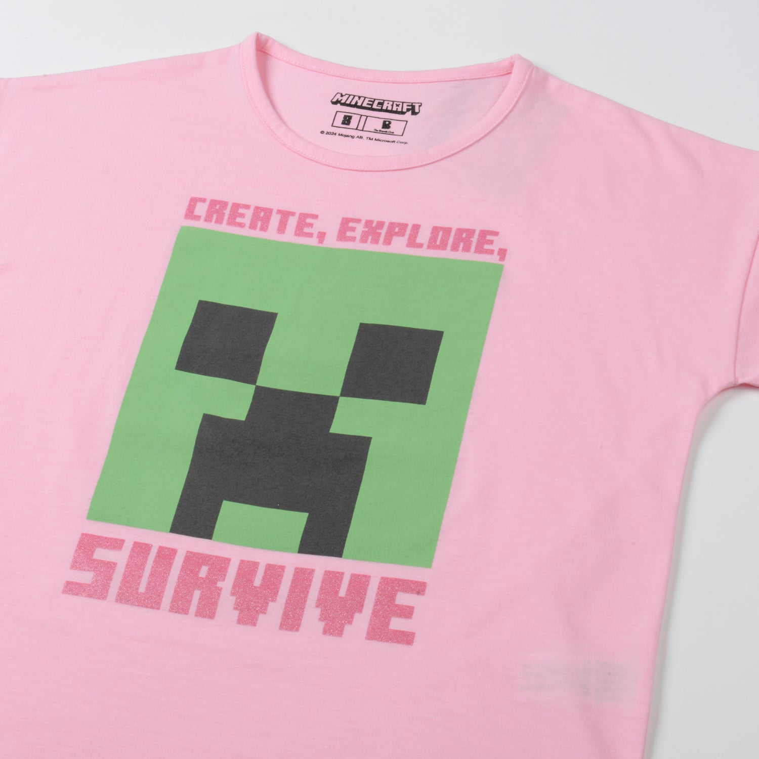 Polera Manga Corta Niña Creeper Rosado Minecraft