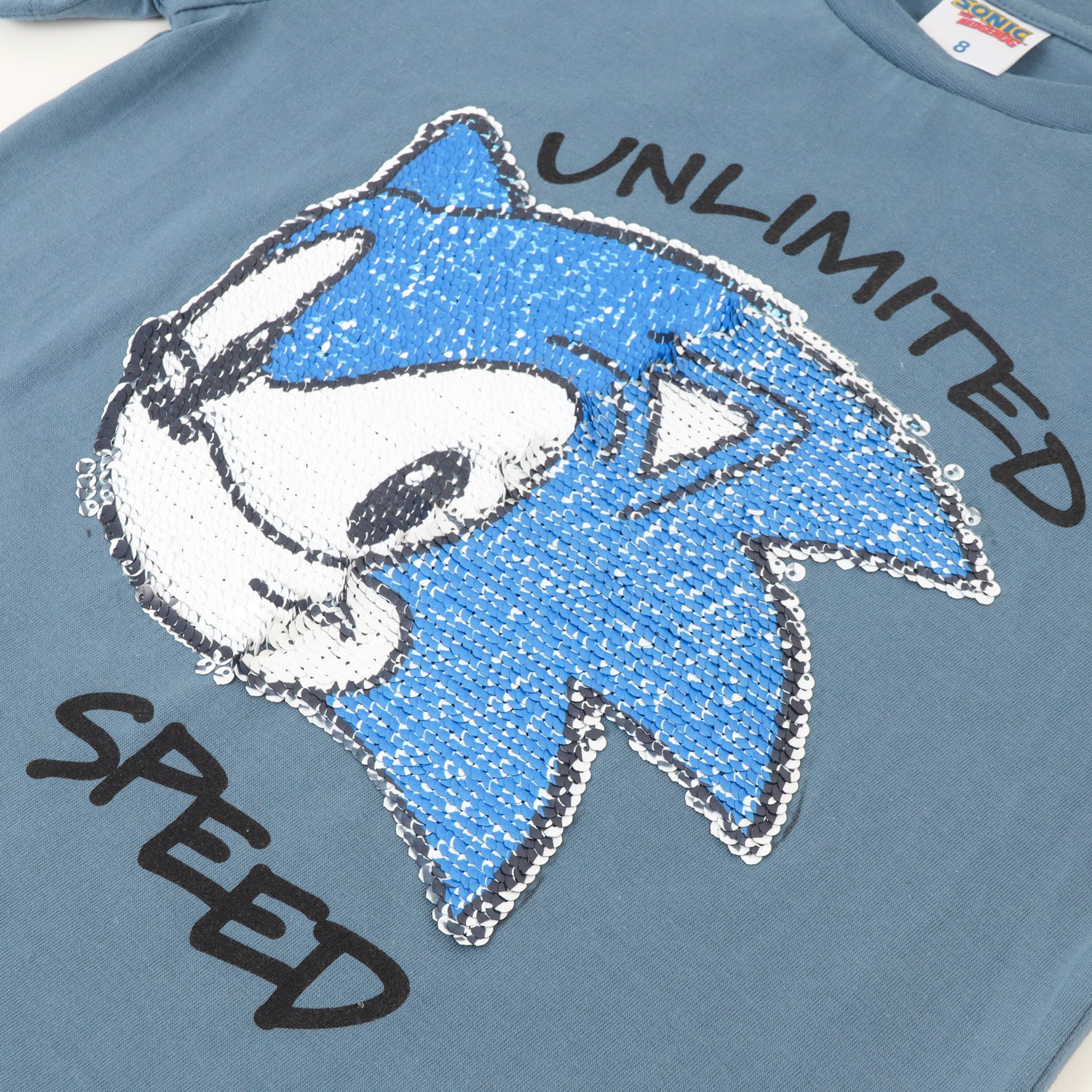 Polera Manga Corta Niño Lentejuelas Speed Azul Sonic
