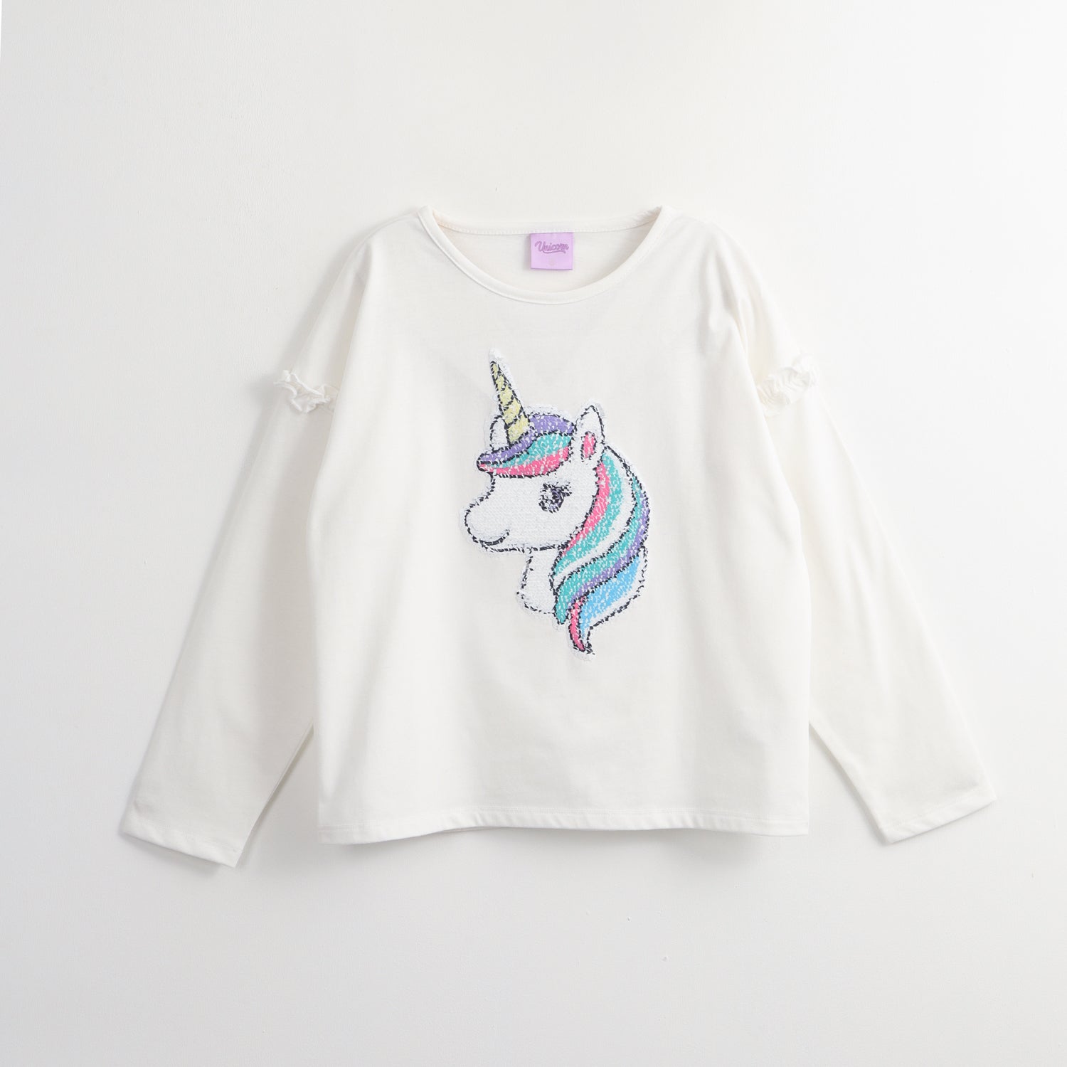 Polera Manga Corta Niña Lentejuelas Blanco Unicornio