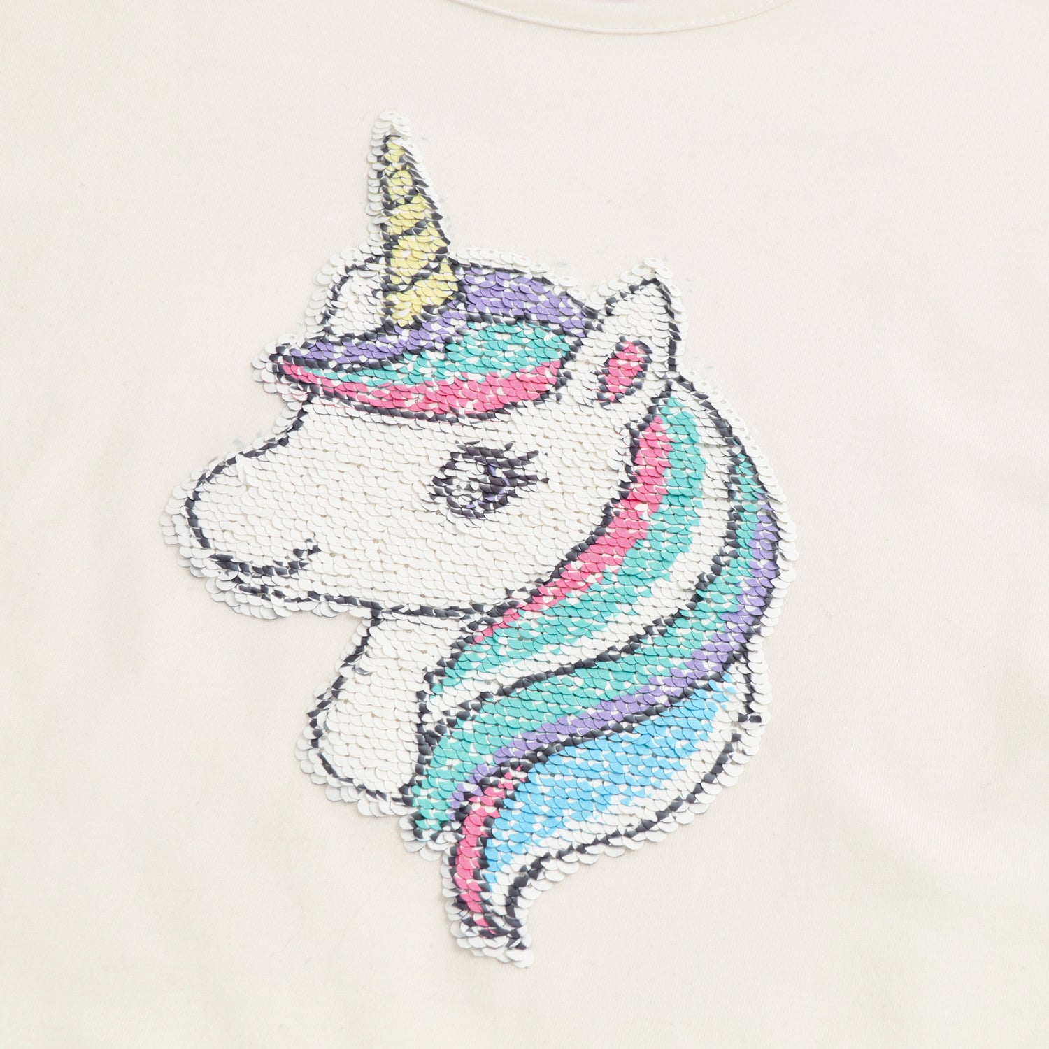Polera Manga Corta Niña Lentejuelas Blanco Unicornio