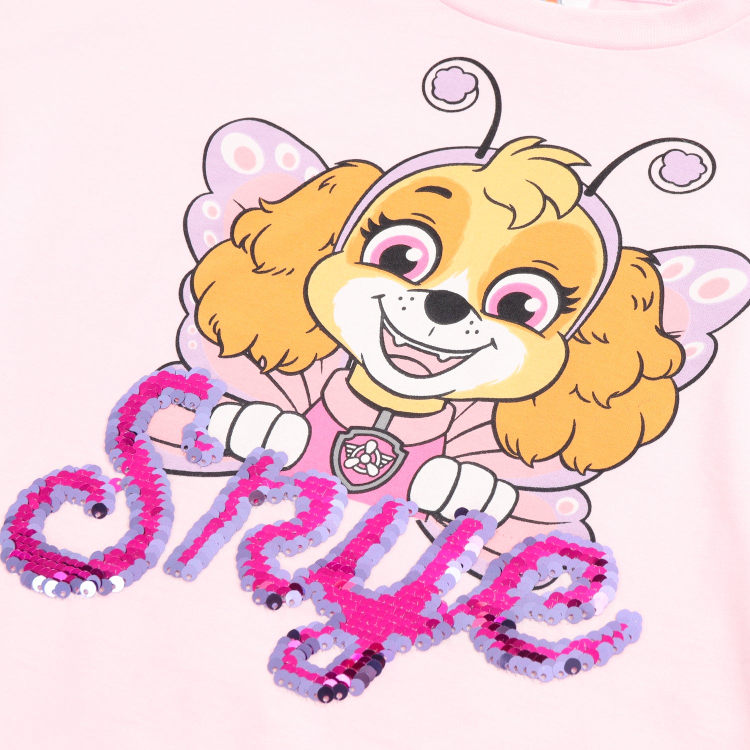 Polera Manga Corta Niña Skye Lentejuelas Rosado Paw Patrol