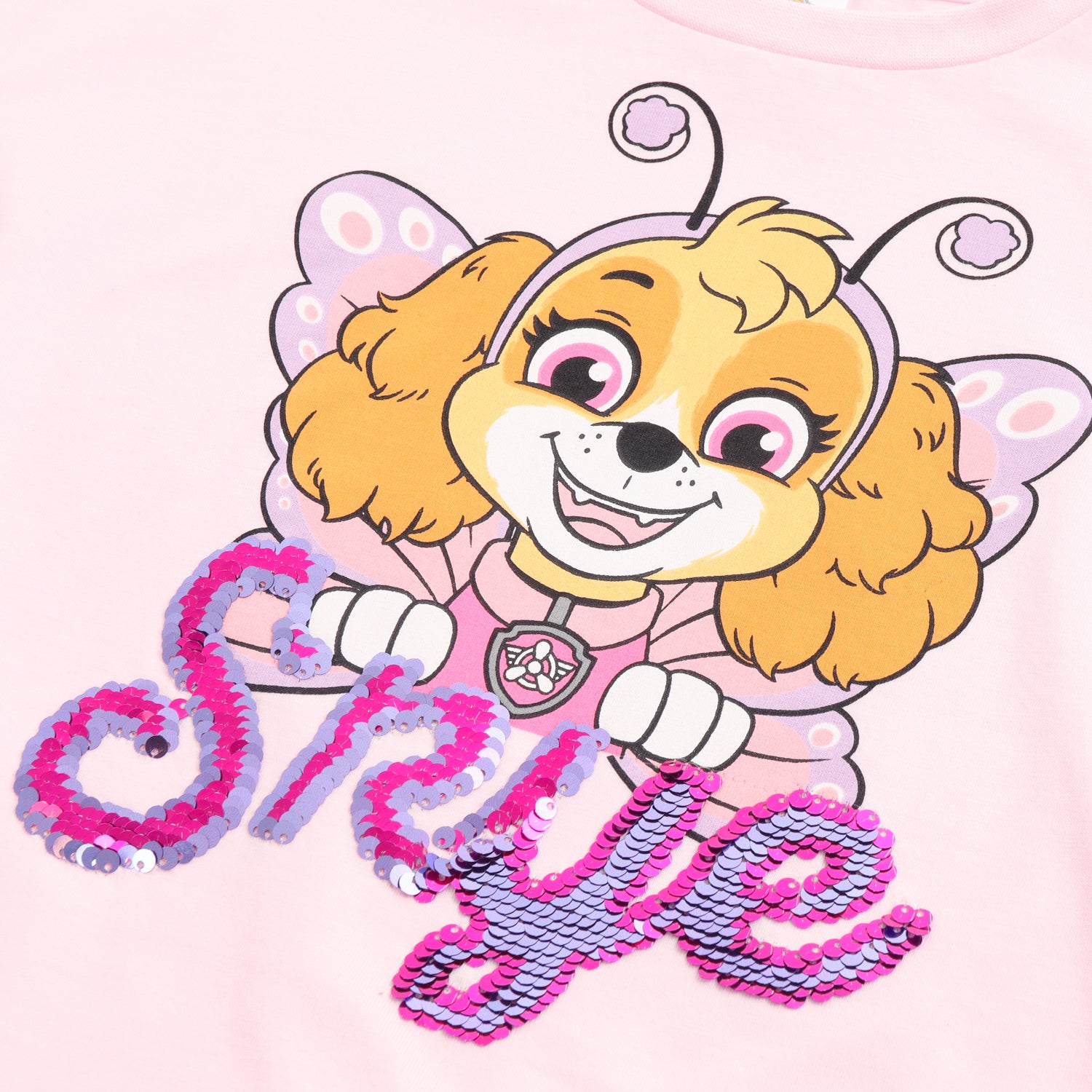 Polera Manga Corta Niña Skye Lentejuelas Rosado Paw Patrol