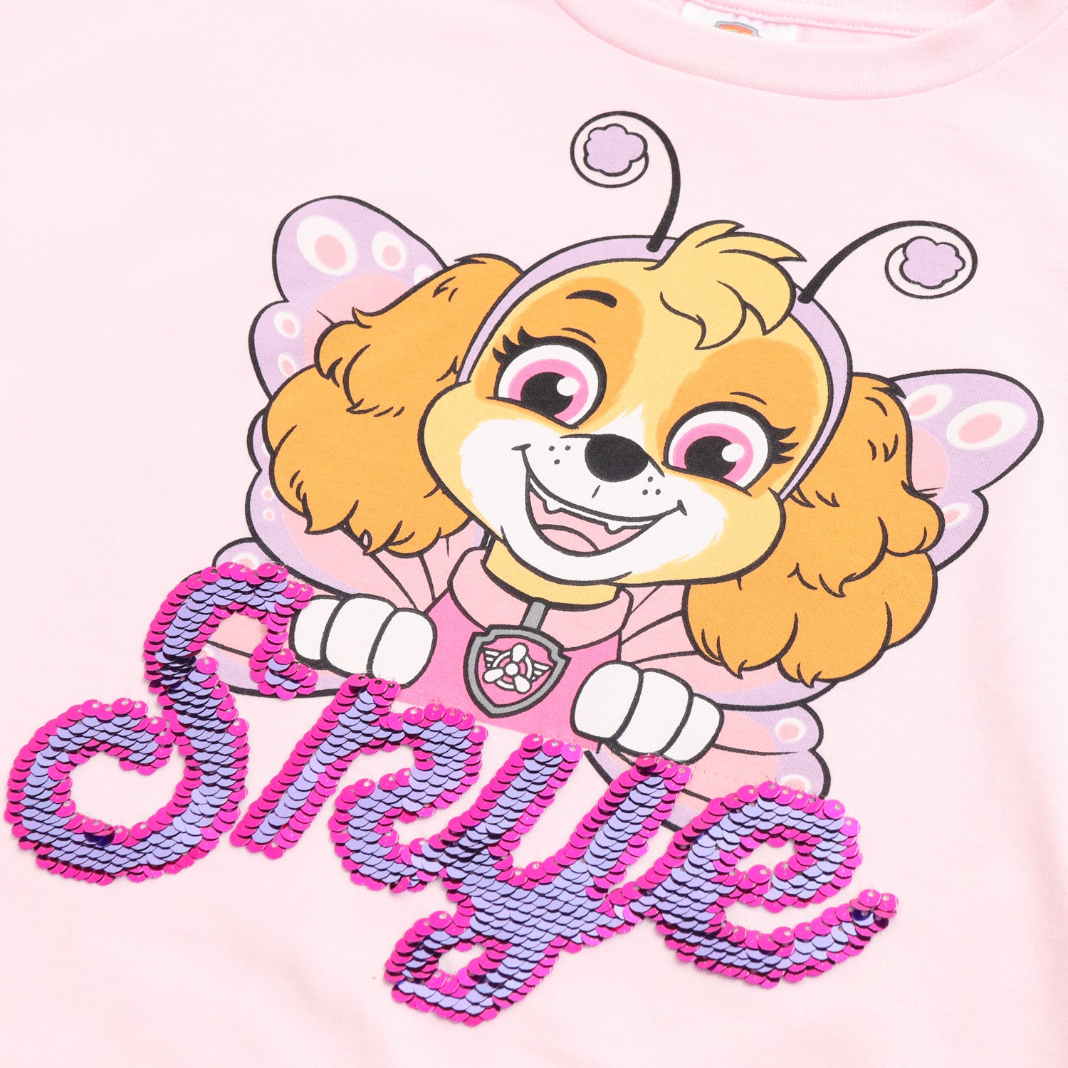 Polera Manga Corta Niña Skye Lentejuelas Rosado Paw Patrol