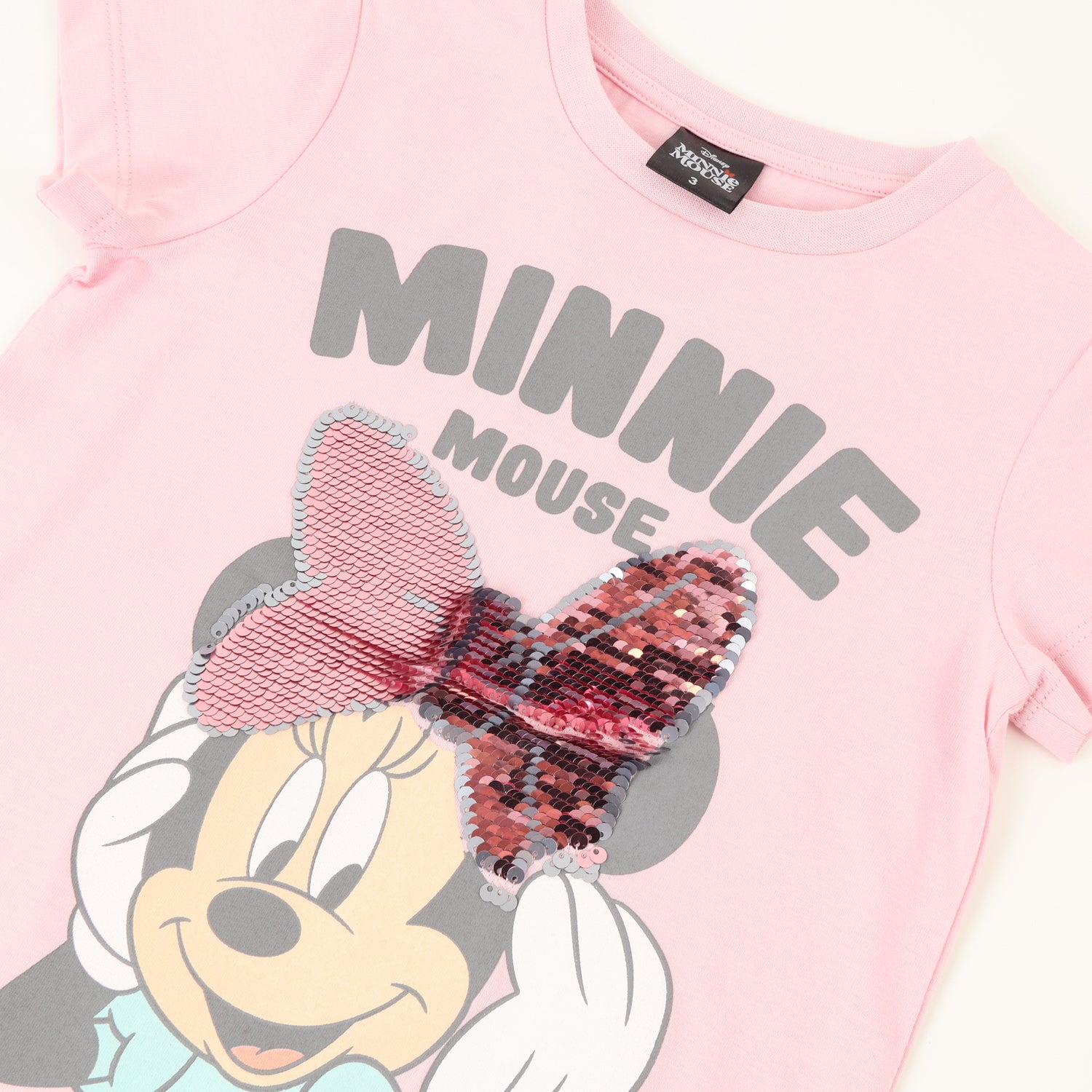 Polera Manga Corta Niña Minnie Lentejuelas Rosado Disney