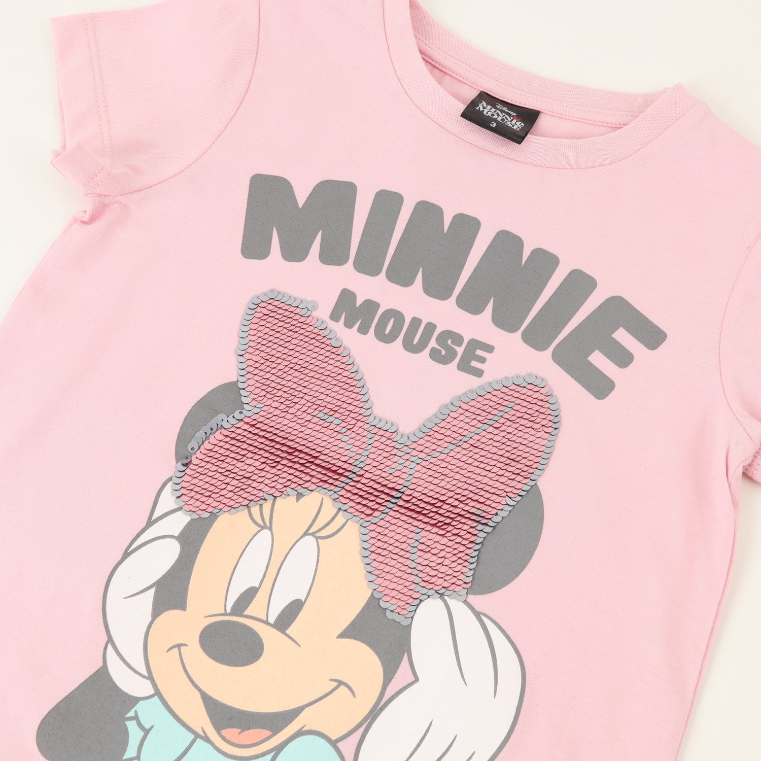 Polera Manga Corta Niña Minnie Lentejuelas Rosado Disney