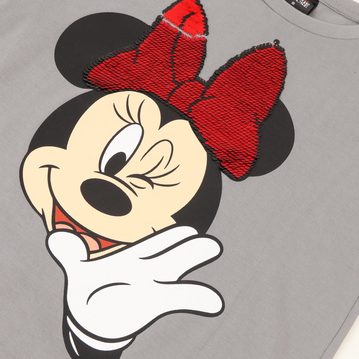 Polera Manga Corta Niña Minnie Lentejuelas Moño Gris Disney