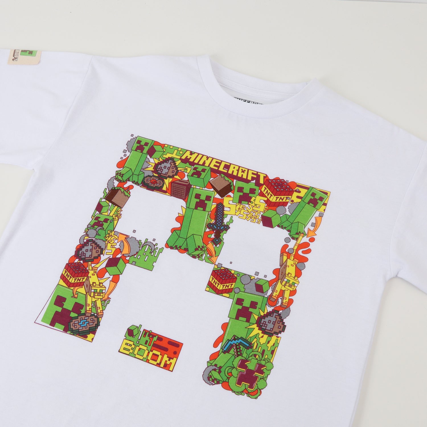 Polera Manga Corta Niño Creeper Blanco Minecraft