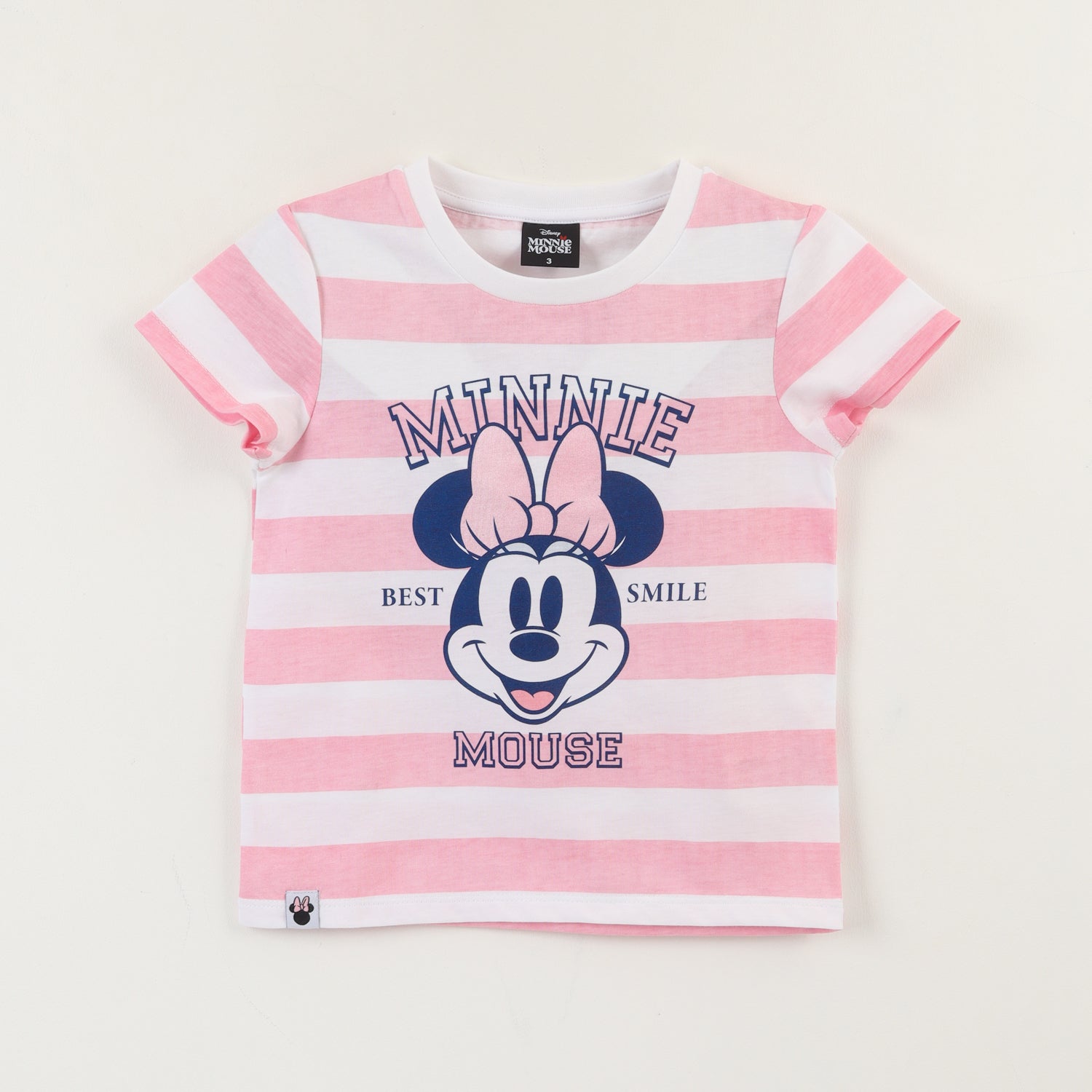 Polera Manga Corta Niña Rosado Rayas Minnie Smile Disney
