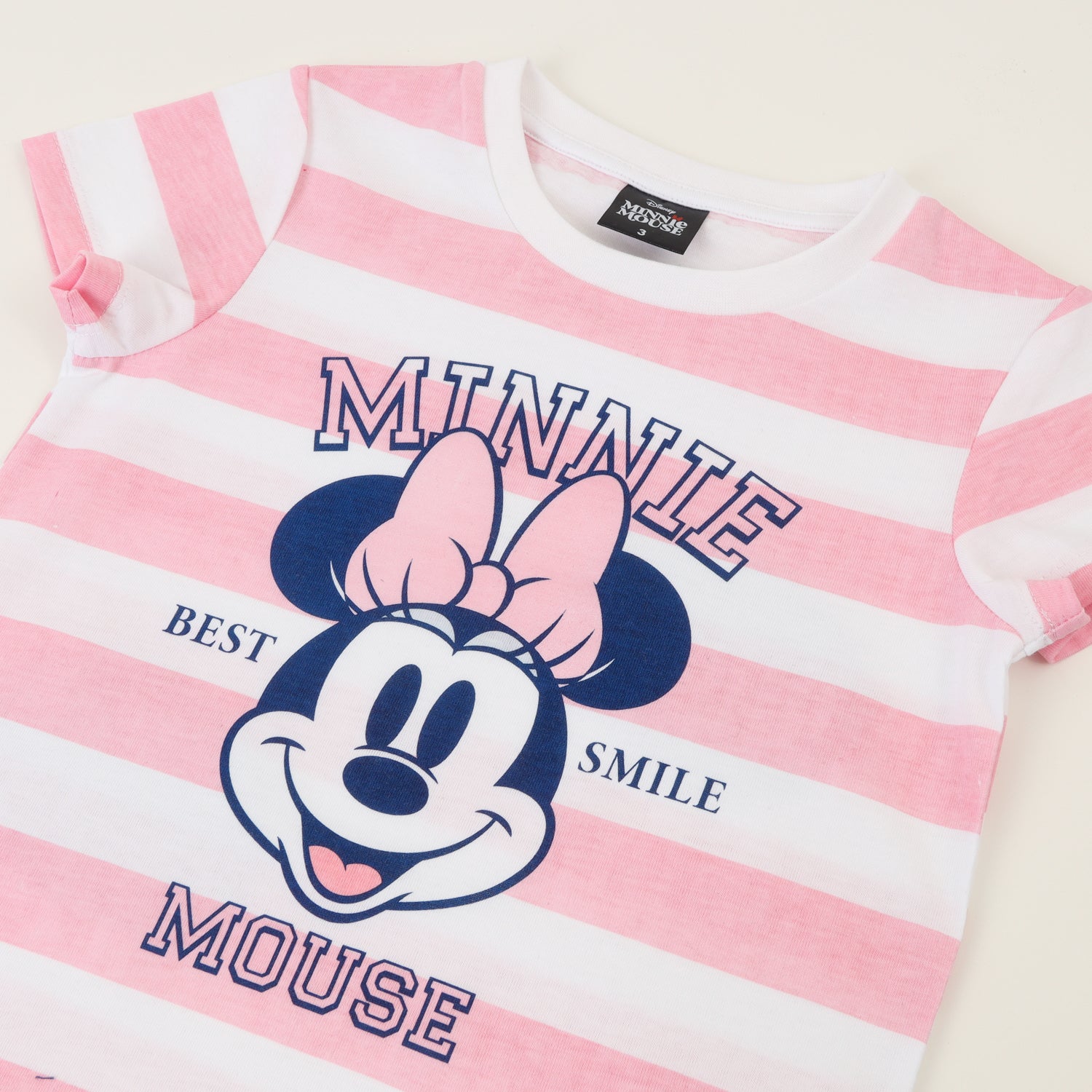 Polera Manga Corta Niña Rosado Rayas Minnie Smile Disney