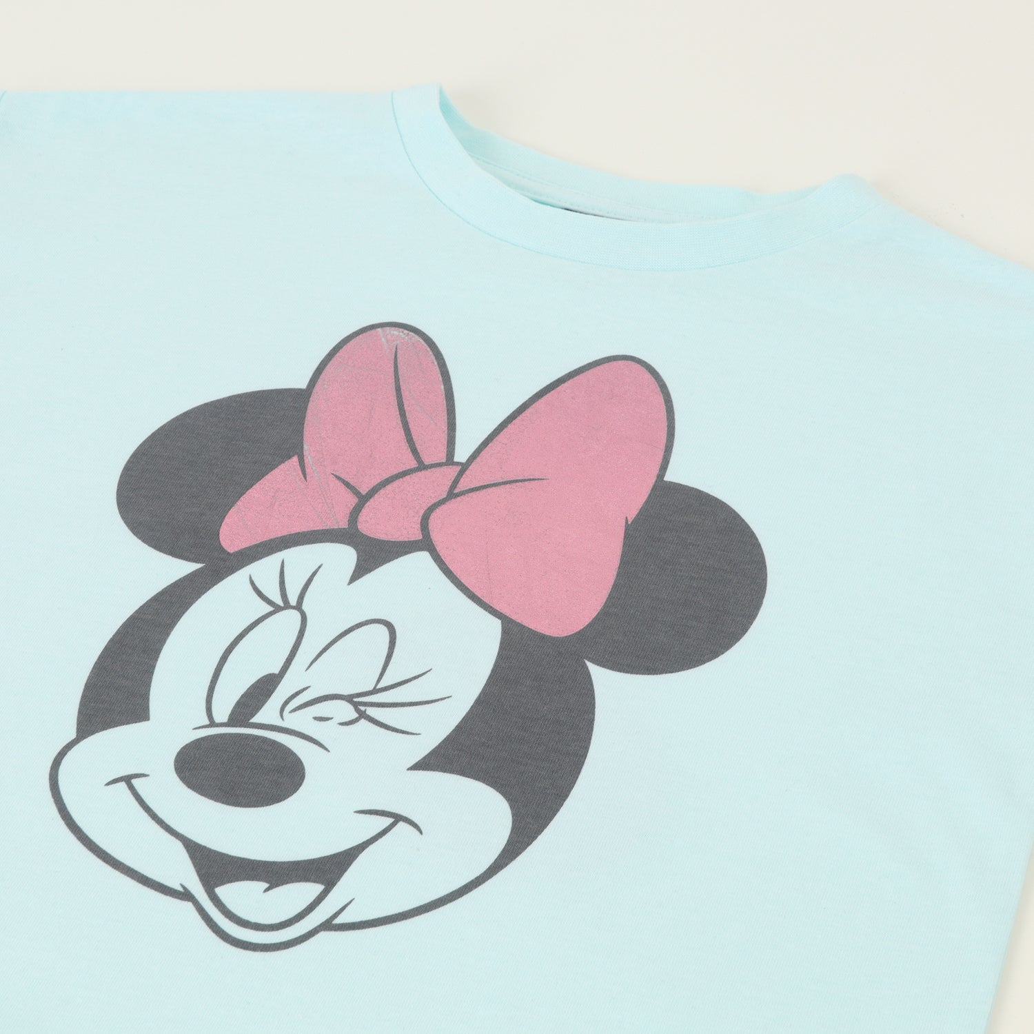 Polera Manga Corta Niña Celeste Minnie Guiño Disney