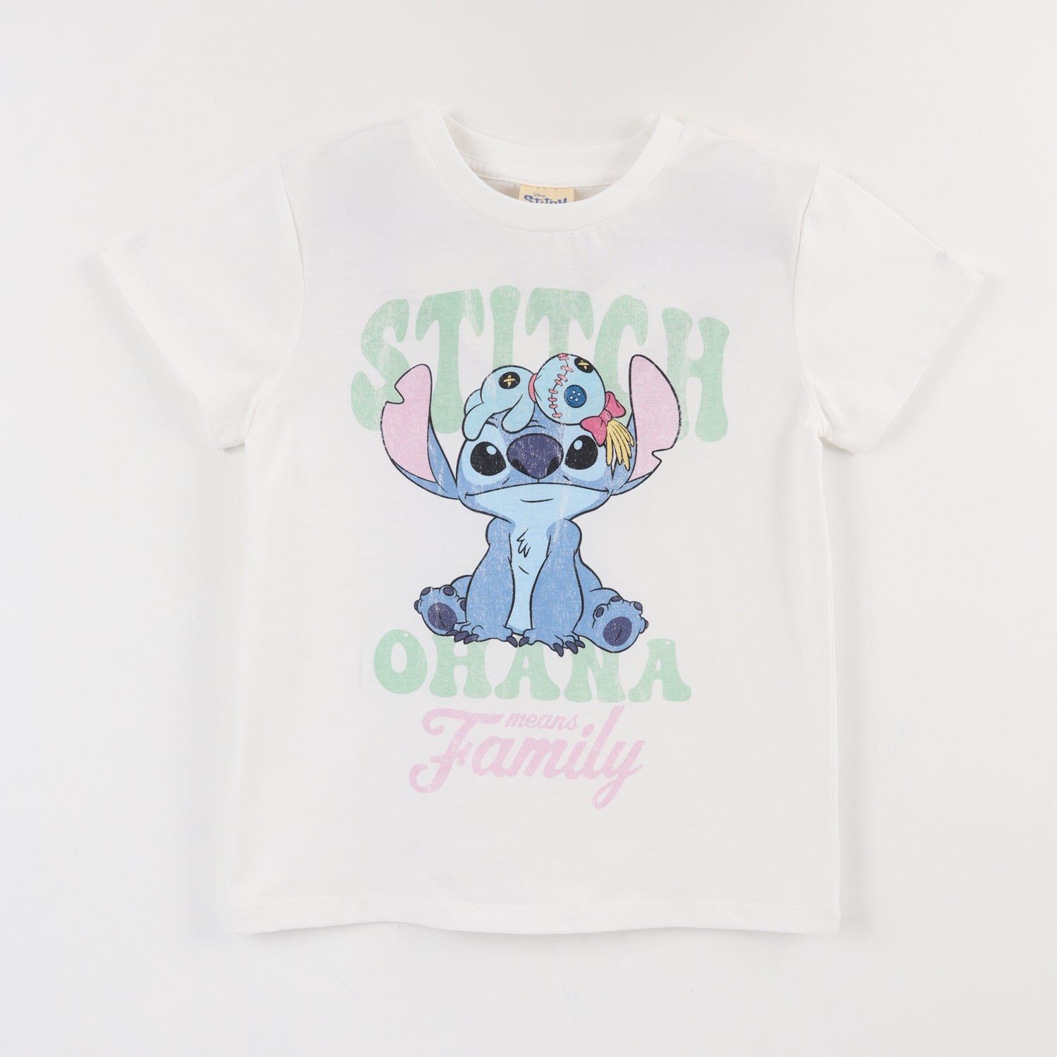 Polera Manga Corta Niña Celeste Stitch Ohana Disney