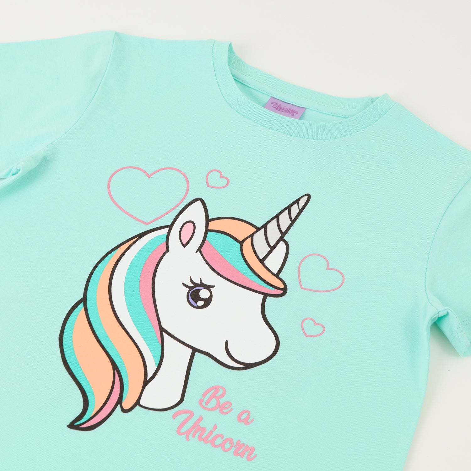 Polera Manga Corta Niña Celeste Be a Unicorn Unicornio