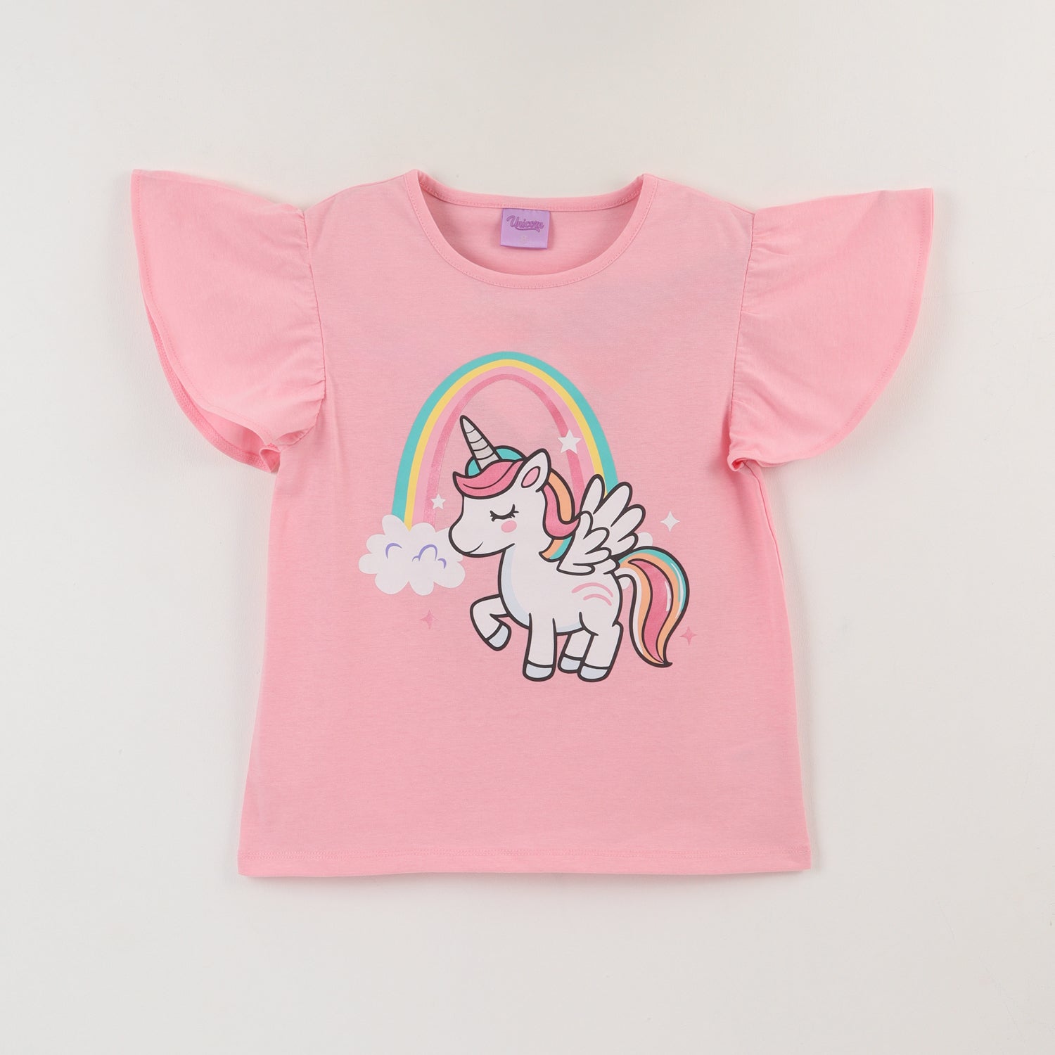 Polera Manga Corta Niña Rosado Arcoíris Unicornio
