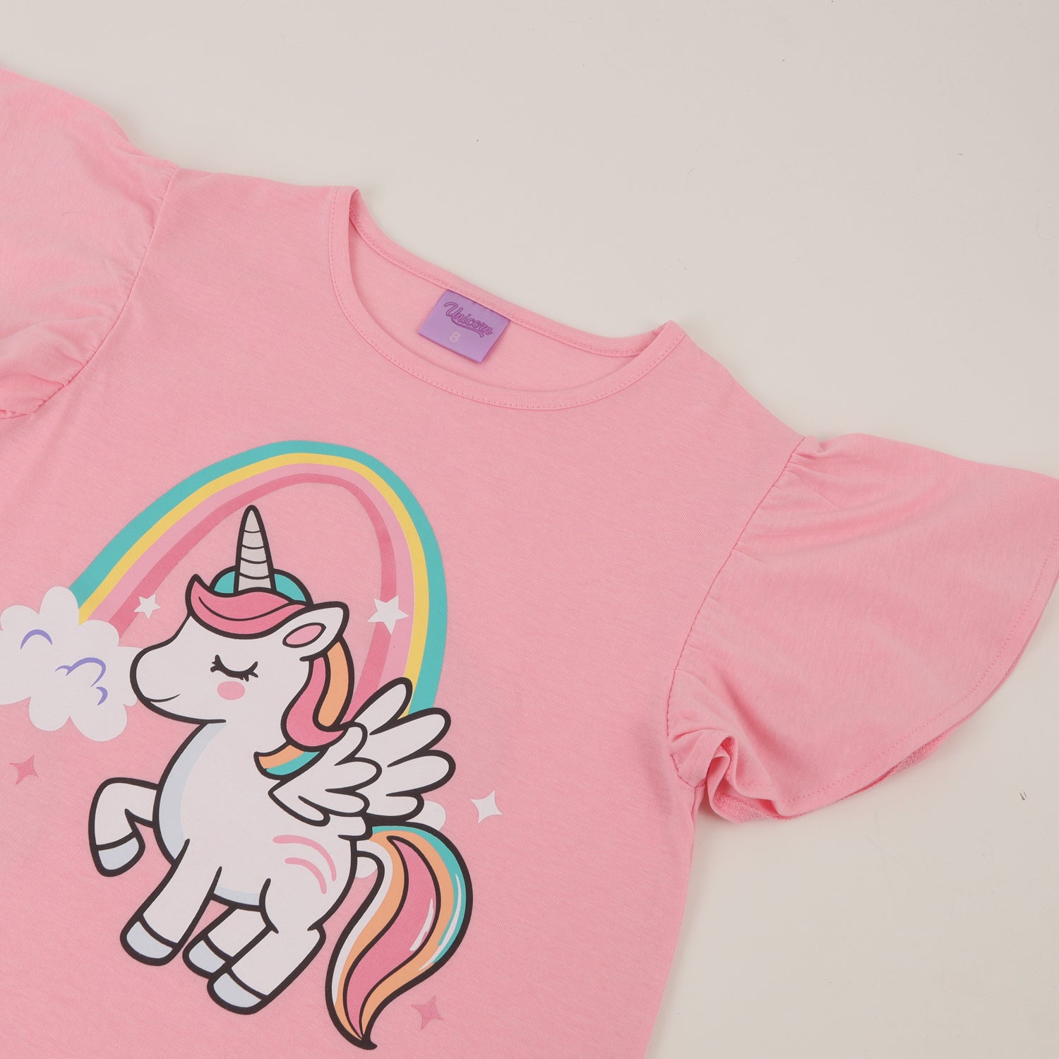 Polera Manga Corta Niña Rosado Arcoíris Unicornio