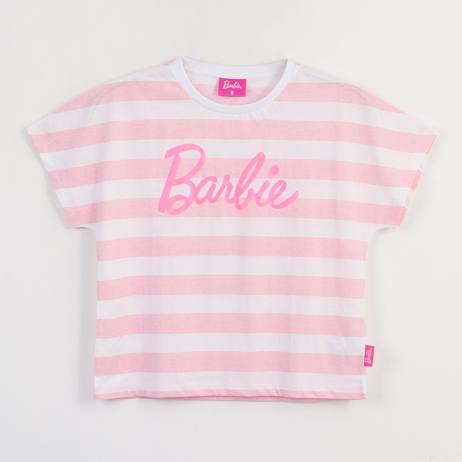 Polera Manga Corta Niña Blanco Rayas Estampado Barbie