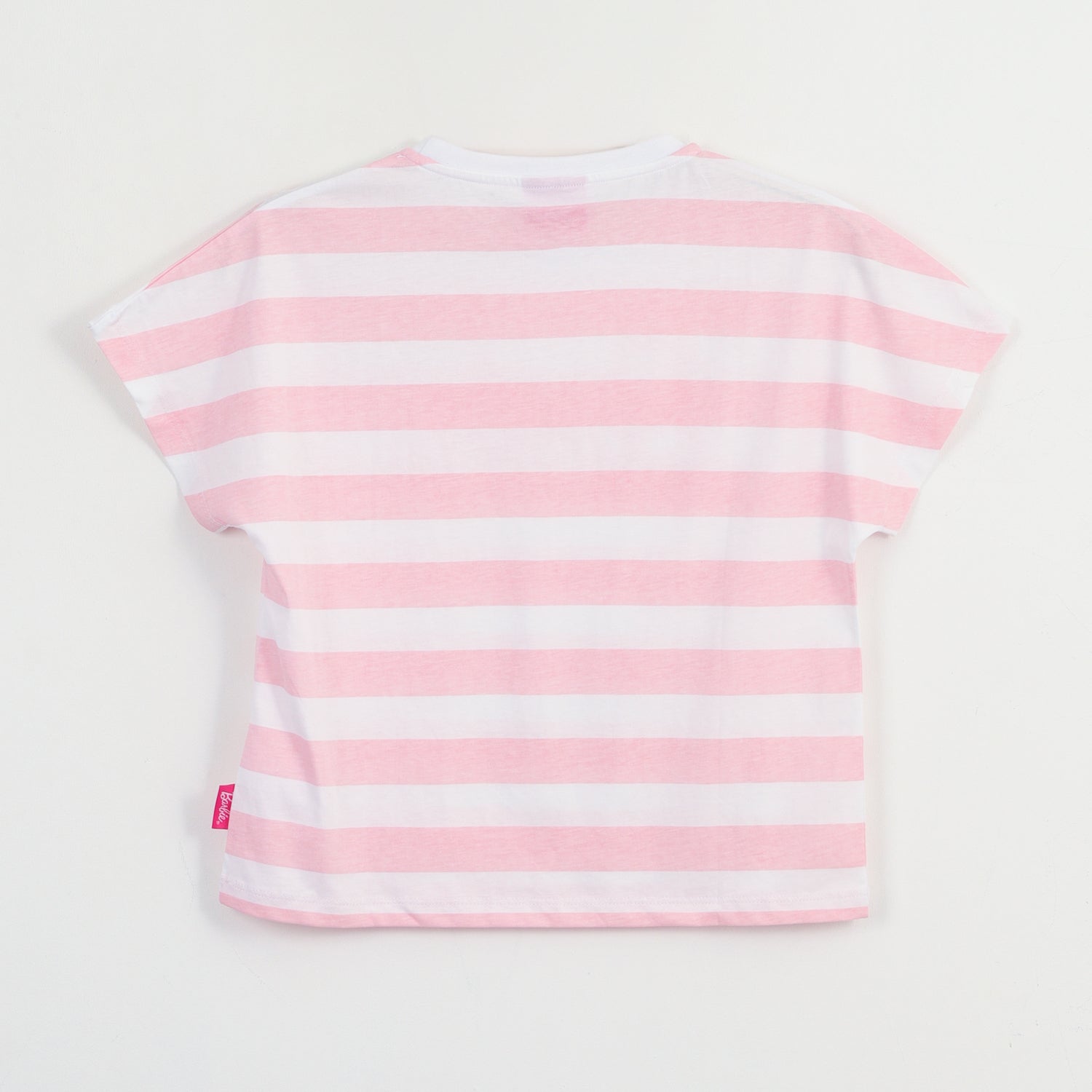 Polera Manga Corta Niña Blanco Rayas Estampado Barbie