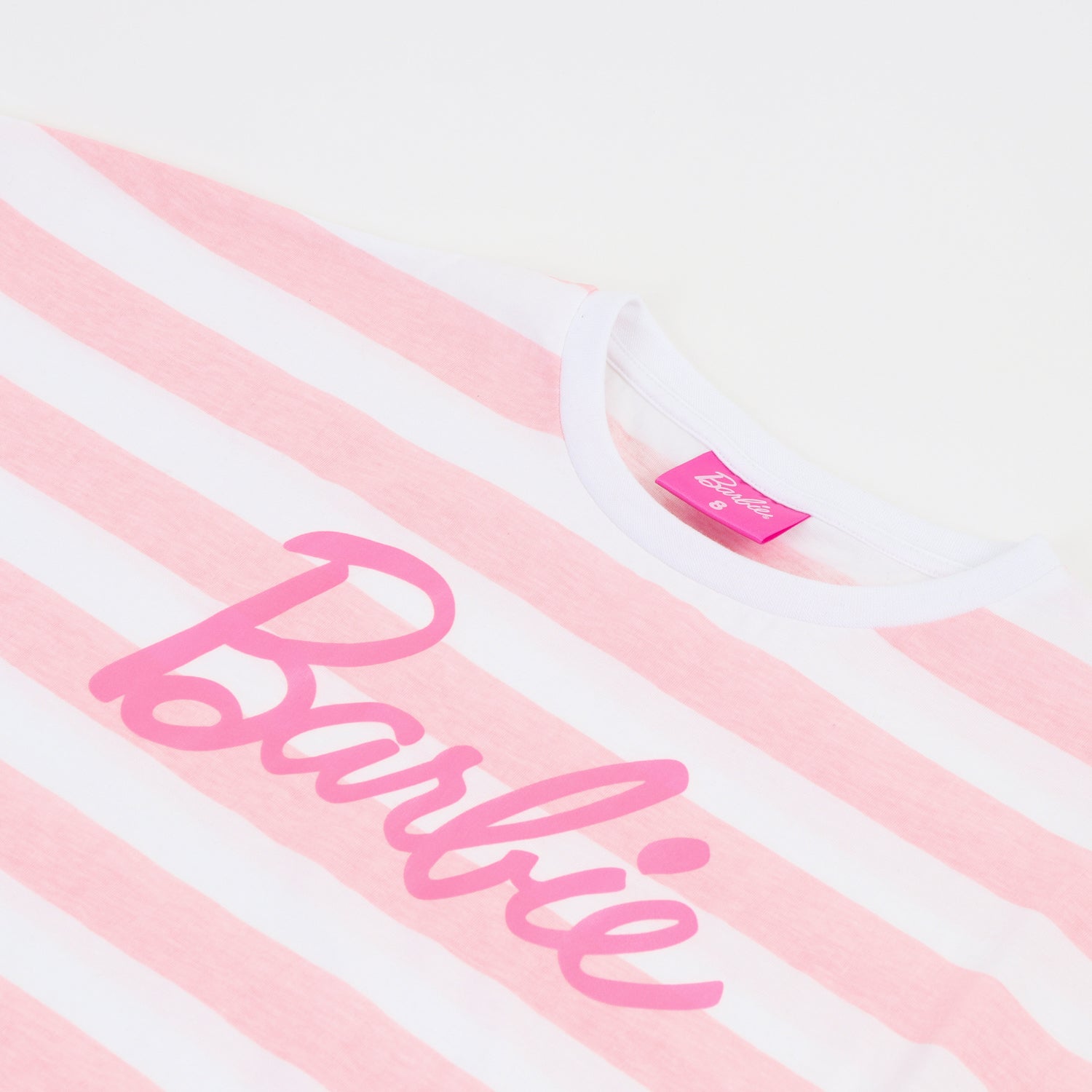 Polera Manga Corta Niña Blanco Rayas Estampado Barbie