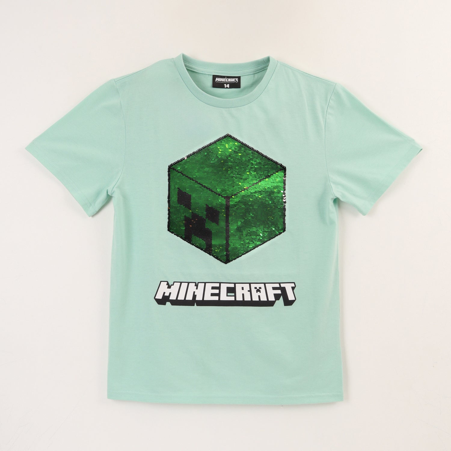 Polera Manga Corta Niño Verde Lentejuelas Minecraft