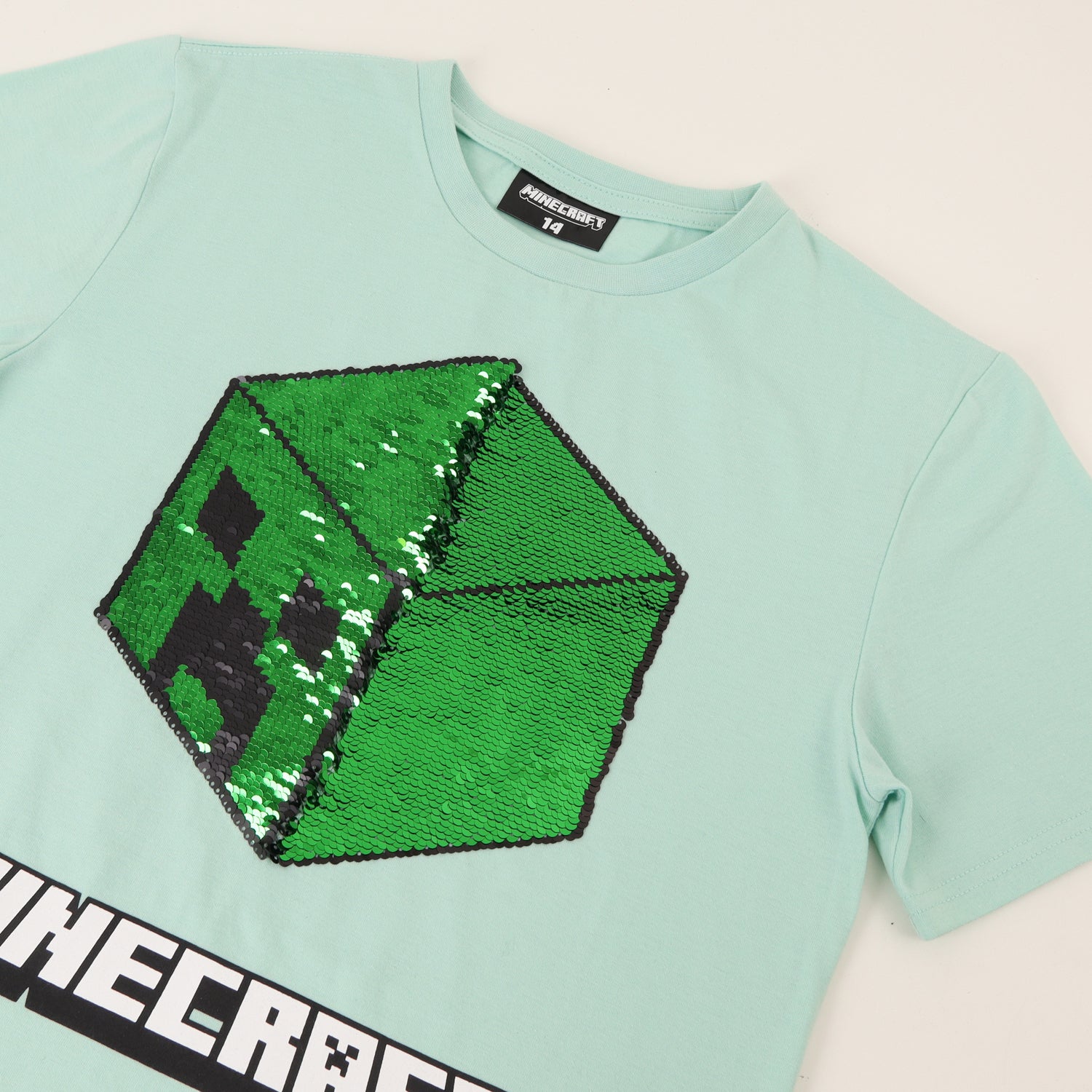 Polera Manga Corta Niño Verde Lentejuelas Minecraft