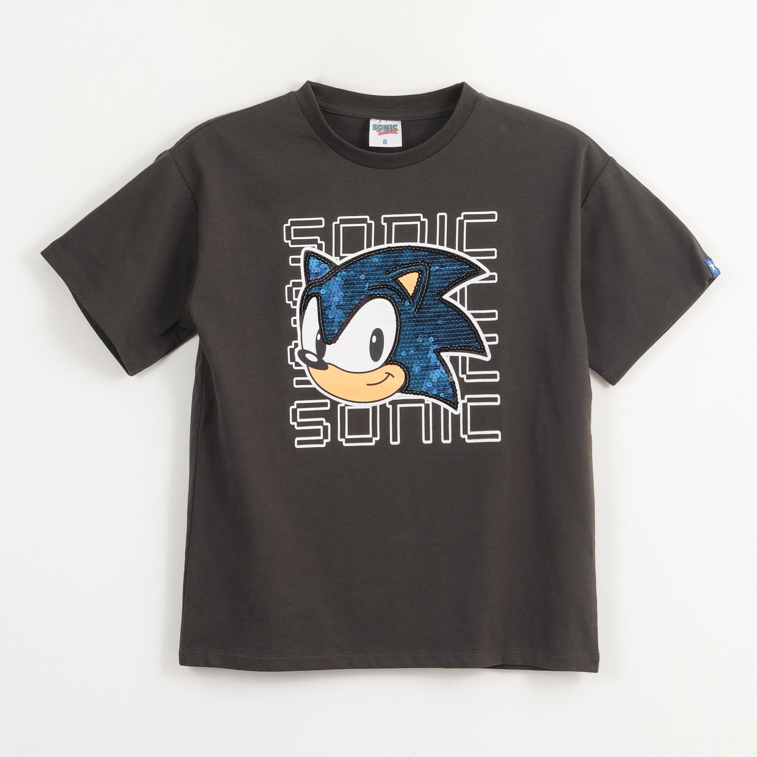 Polera Manga Corta Niño Azul Face Lentejuelas Sonic