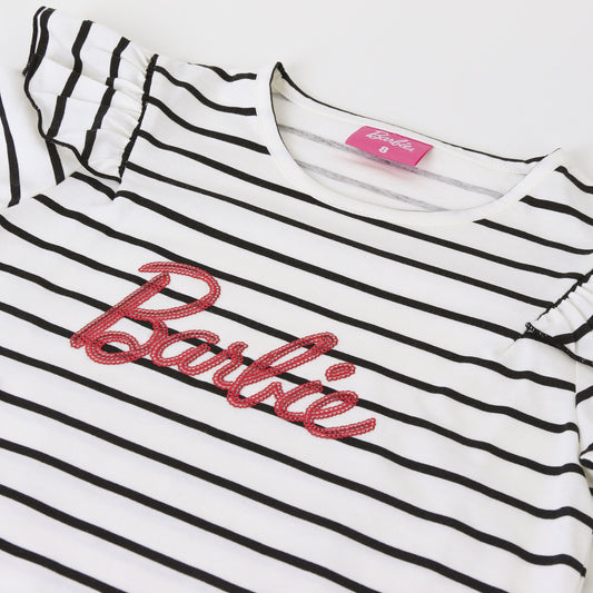 Polera Manga Larga Niña Rayas Logo Blanco Barbie - Poleras Chile | The Brands Club cl