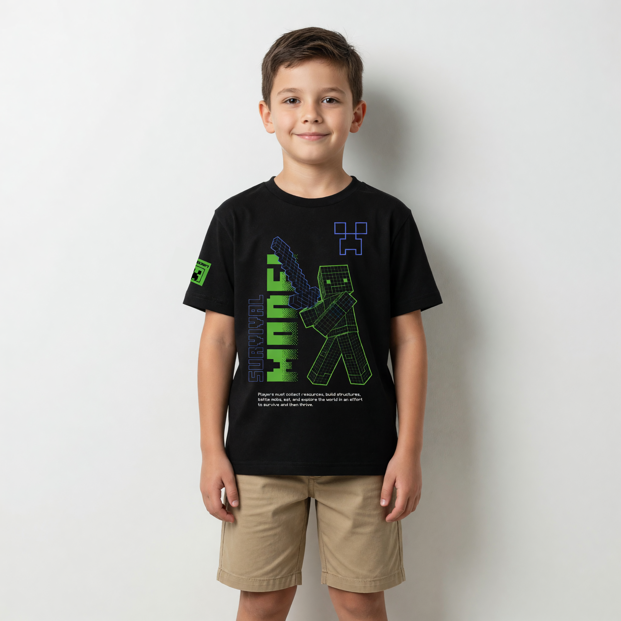 Polera Manga Corta Niño Minecraft Fluor Negro