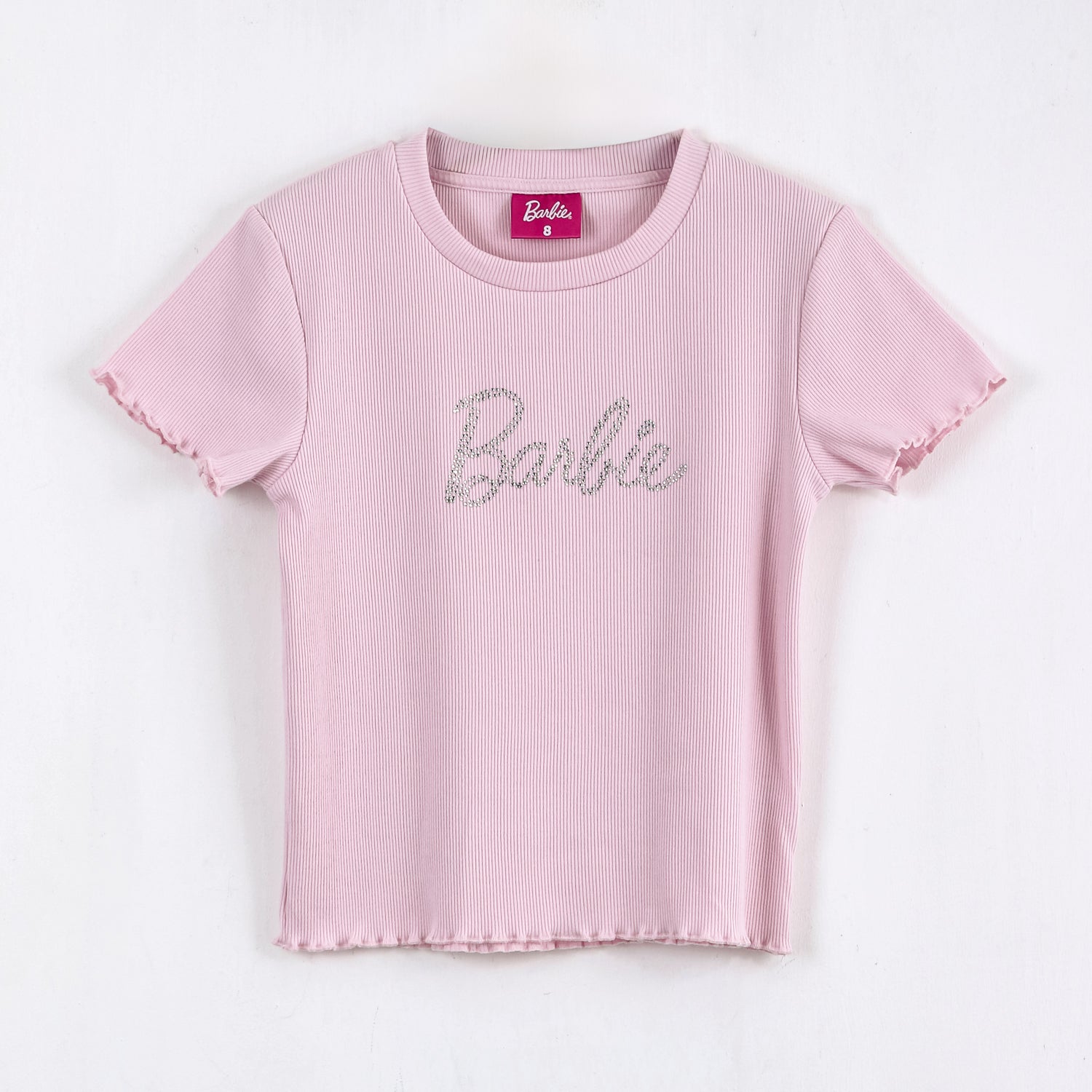 Polera Manga Corta Niña Barbie Logo Strass Rosado