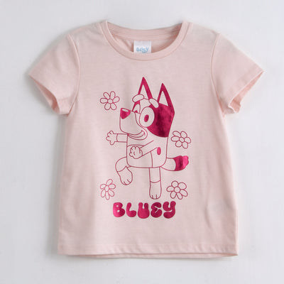 Polera Manga Corta Niña Bingo & Bluey Foil Rosado