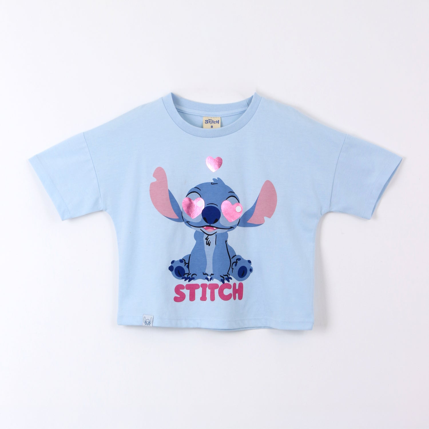 Polera Manga Corta Niña Stitch Disney Corazones Celeste